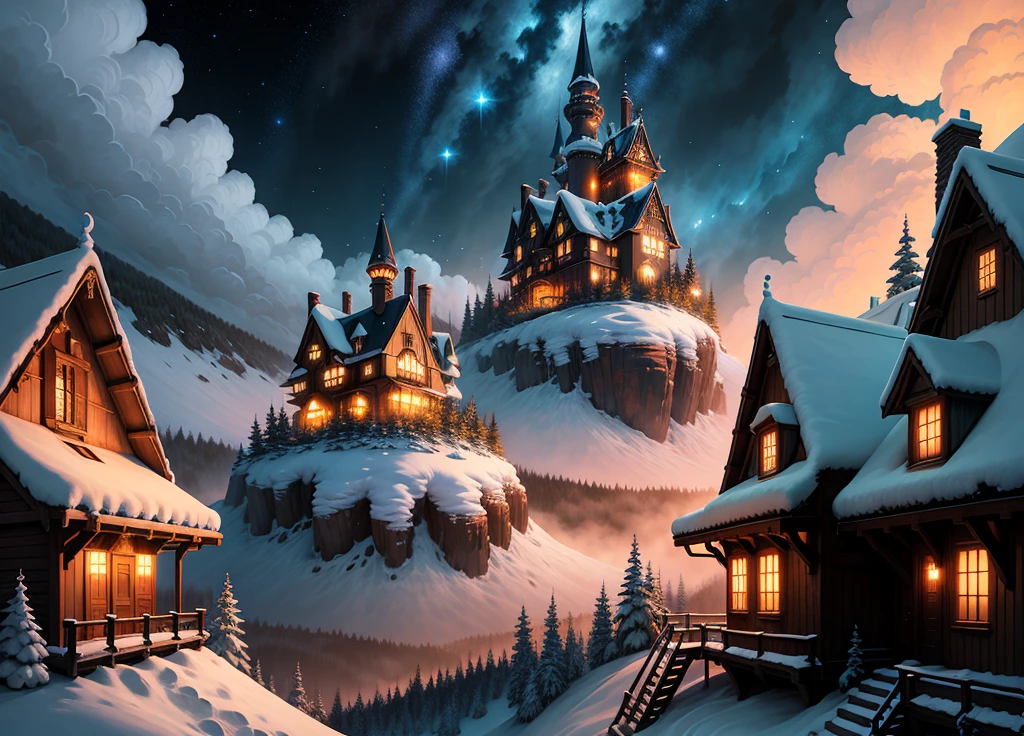 Anime landscape of forest houses at night, frosted paintings inspired by Andreas Rocha, ultra-realistic 8k natural earth location art with castles and magical effects, pixiv, masterpiece, best quality, fantasy art, super rich details, anime background art, anime country landscape, spectacular night sky, magic, anime landscape wallpaper, anime nature wallpaper, beautiful anime scenes, amazing anime wallpaper.