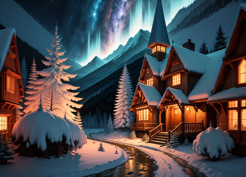 Anime landscape of forest houses at night, frosted paintings inspired by Andreas Rocha, ultra-realistic 8k natural earth location art with castles and magical effects, pixiv, masterpiece, best quality, fantasy art, super rich details, anime background art, anime country landscape, spectacular night sky, magic, anime landscape wallpaper, anime nature wallpaper, beautiful anime scenes, amazing anime wallpaper.