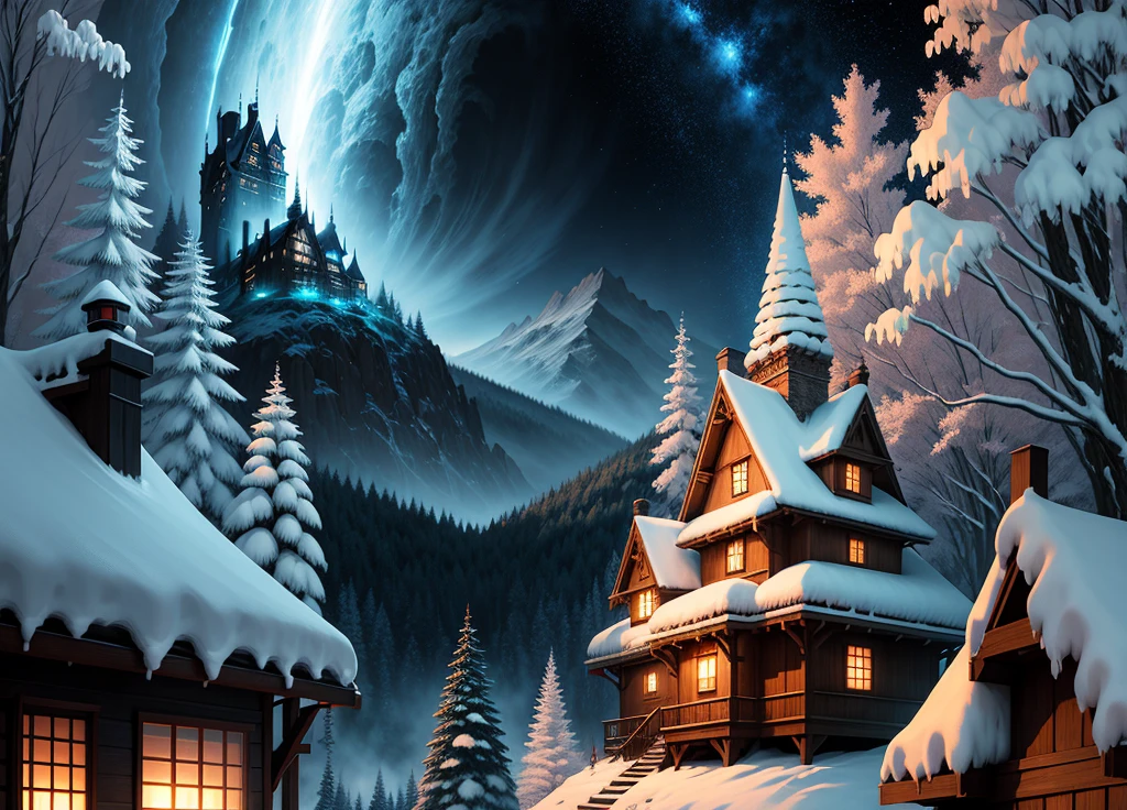 Anime landscape of forest houses at night, frosted paintings inspired by Andreas Rocha, ultra-realistic 8k natural earth location art with castles and magical effects, pixiv, masterpiece, best quality, fantasy art, super rich details, anime background art, anime country landscape, spectacular night sky, magic, anime landscape wallpaper, anime nature wallpaper, beautiful anime scenes, amazing anime wallpaper.
