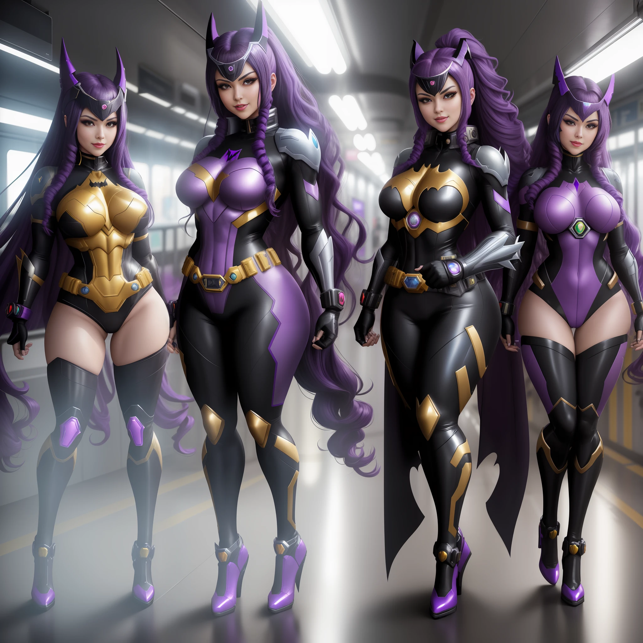 Full body 16k image of a woman/Kamen Rider/Batman/Mega Man-x.Unreal Engine 5, Disney/Anime style, Mortal Kombat Universe/Kamen Rider, she has long purple hair curly lizo, breasts1, huge, extremely tight clothing on the body, looking at the smiling viewer, holding futuristic weapons, on an empty subway train