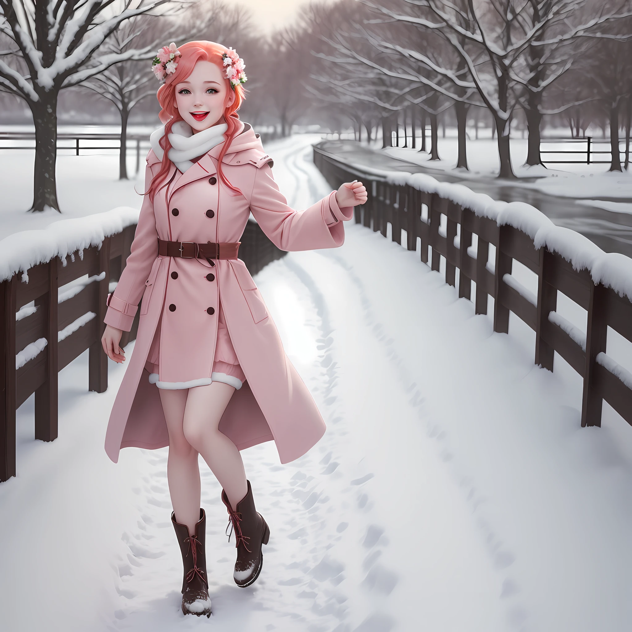 background many cheery tree flower with a pretty, perfect body, happy girl, cute green eyes, red lips, peachy pink hair, wearing long coat,falling snow