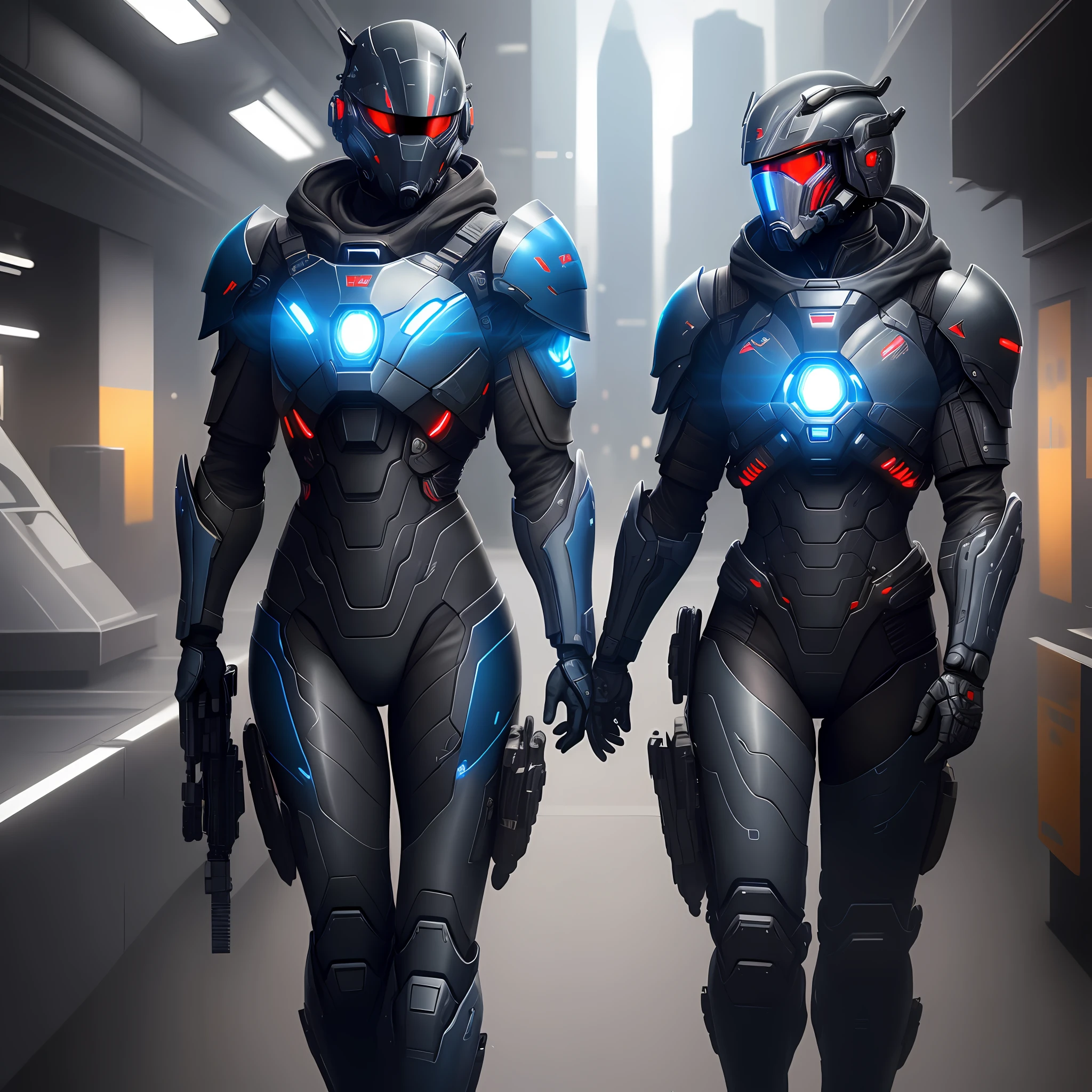 extremely detailed, very realistic, very sharp, hyper-realistic, hyper realistic, best quality, adult, military, soldiers, tall, cylons, harness, straps, power armor, armor, weapon, powered, large pauldrons, straps, helmet, mask, standing, sci-fi, skinless, full body covered, concept, blue lights, blue backlights, concept, modern, futuristic, future, full armor, black armor, leg armor, red shawl, military pose,  army, red led, altered carbon, mass effect, fate, titanfall, warface, warframe, riot police, conceptual, plated, black, glossy, holster, in service, cover, cover, inline, hood, shawl, hood, hood, military background