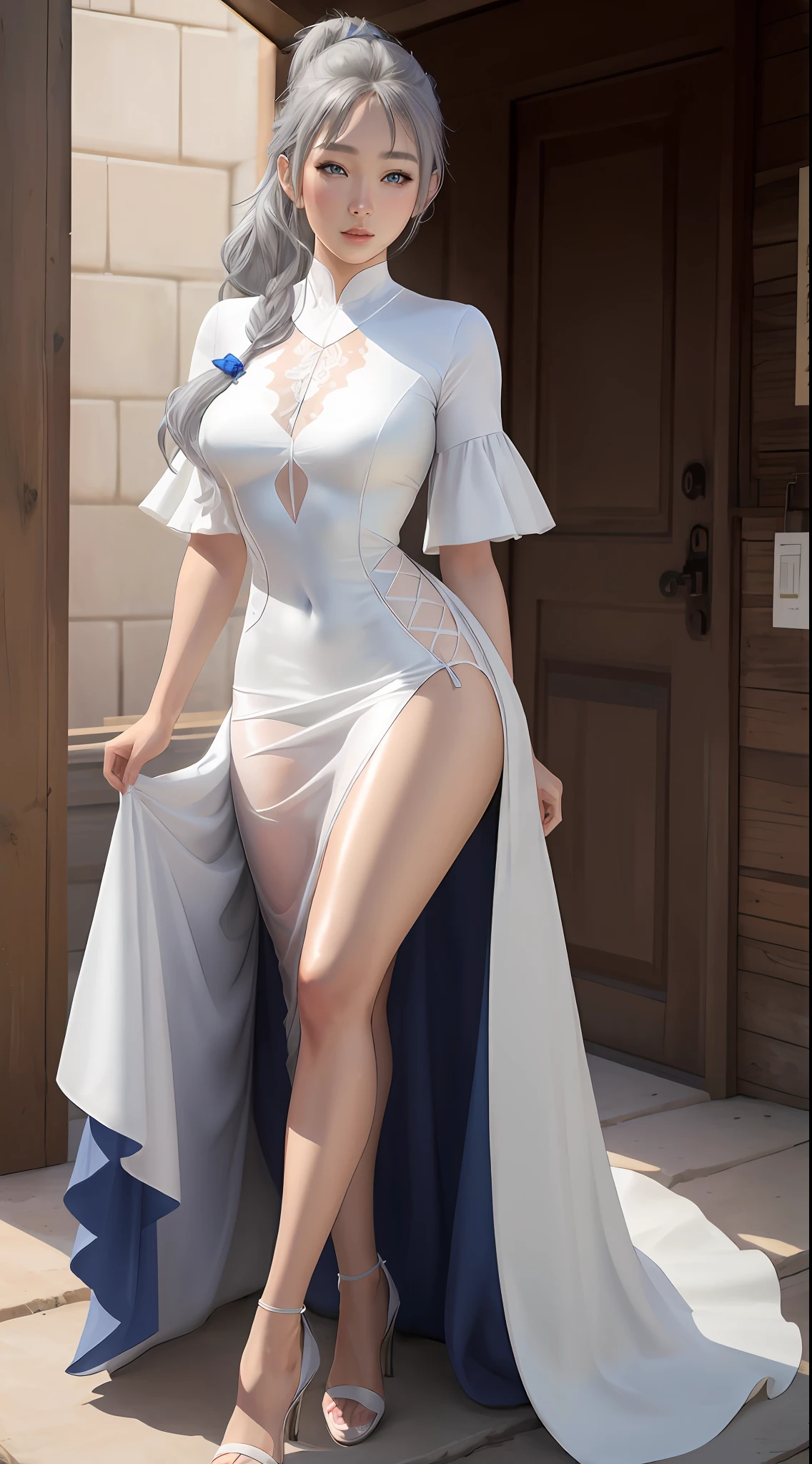best quality, masterpiece, 1girl, Beautiful face, (photo realistic:1.4), (high detailed skin:1.3), 8k uhd, dslr, high quality, high resolution, 4k, 8k, absurdres, best ratio four finger and one thumb, (realistic:1.4), pretty korean lady, medium breasts, little lips, (blue eyes), (ash-grey hair), ponytail contorted, full body view, white dress,