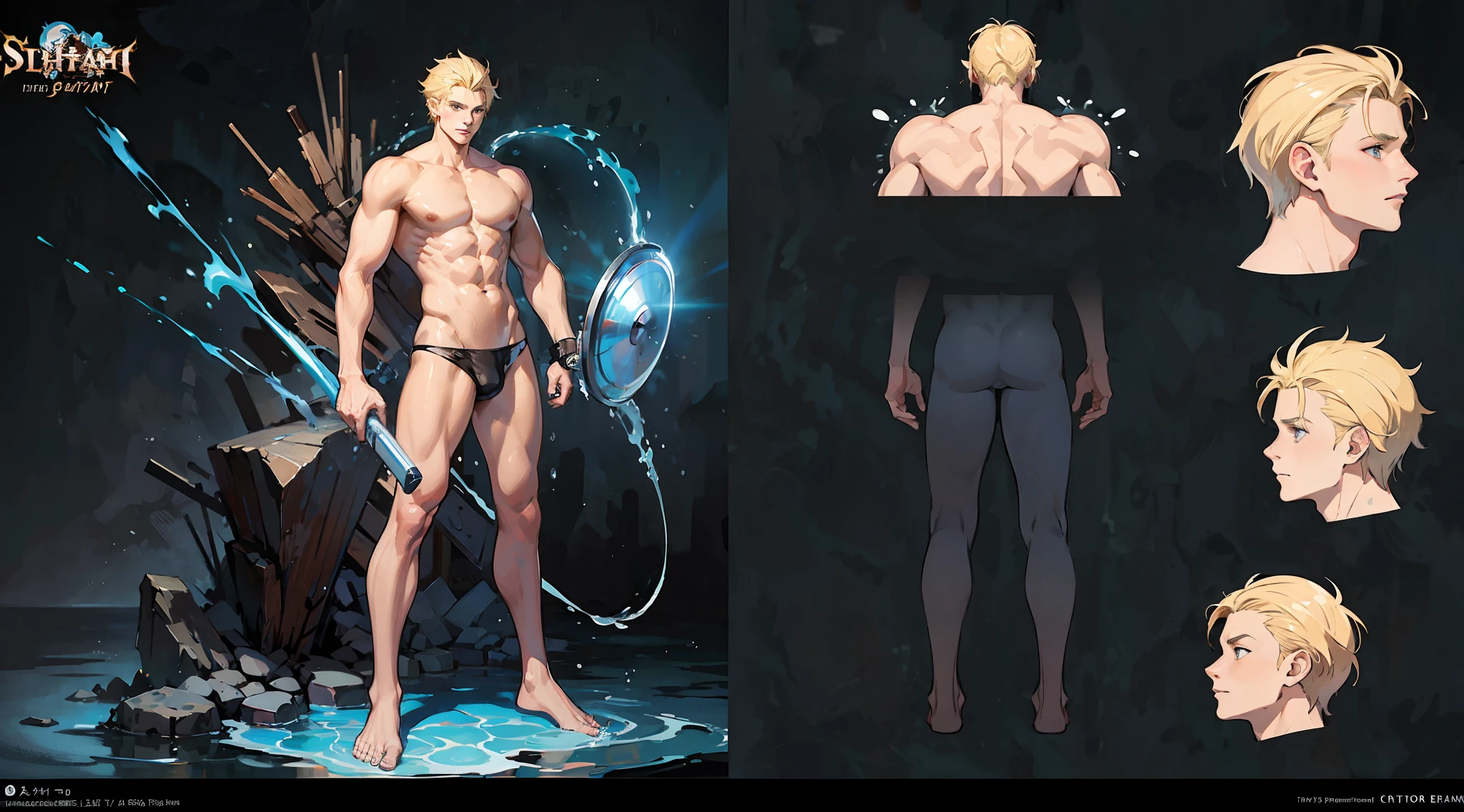 ((official art)), ((concept art)), ((splash art)), naked man, solo, only underpants, blond, skinny, muscular, shower, water effect