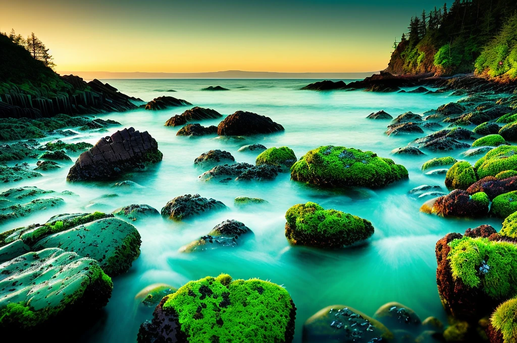 a close up of a rocky beach with green rocks and water, glowing green rocks, mossy rocks, mystical setting, mossy rock, mossy stone, glowing green, landscape photography, large rocks with thick moss, breathtaking composition, vibrant green, by Darek Zabrocki, epic sunrise, hd nature photography, green sea, green ocean