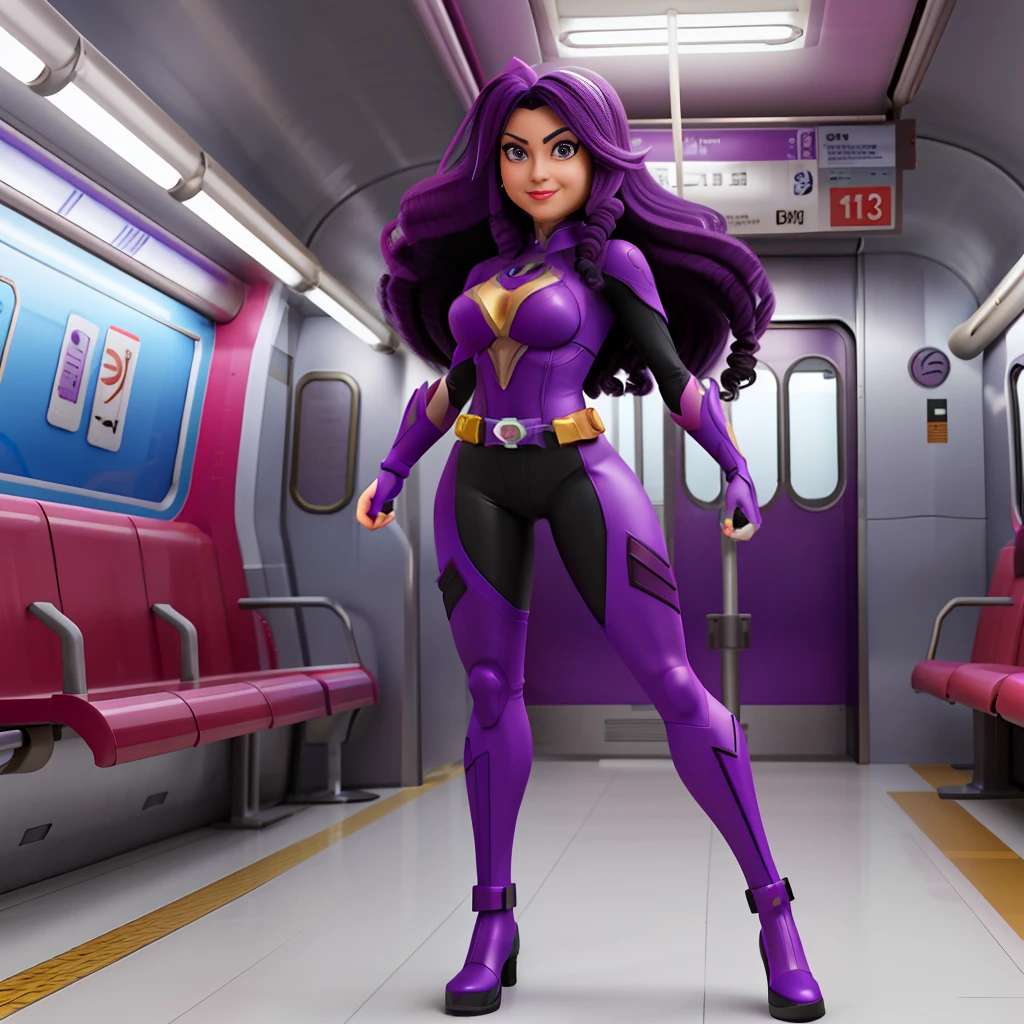 Full body image of a woman/Kamen Rider/Batman/Mega Man-x Max resolution/detail/quality/sharpness. Unreal Engine 5, Disney/Anime style, Mortal Kombat/Kamen Rider Universe, she has long purple hair curly slick, breasts1, huge, extremely tight clothing on the body, looking at the viewer smiling, holding futuristic weapons, on an empty subway train.