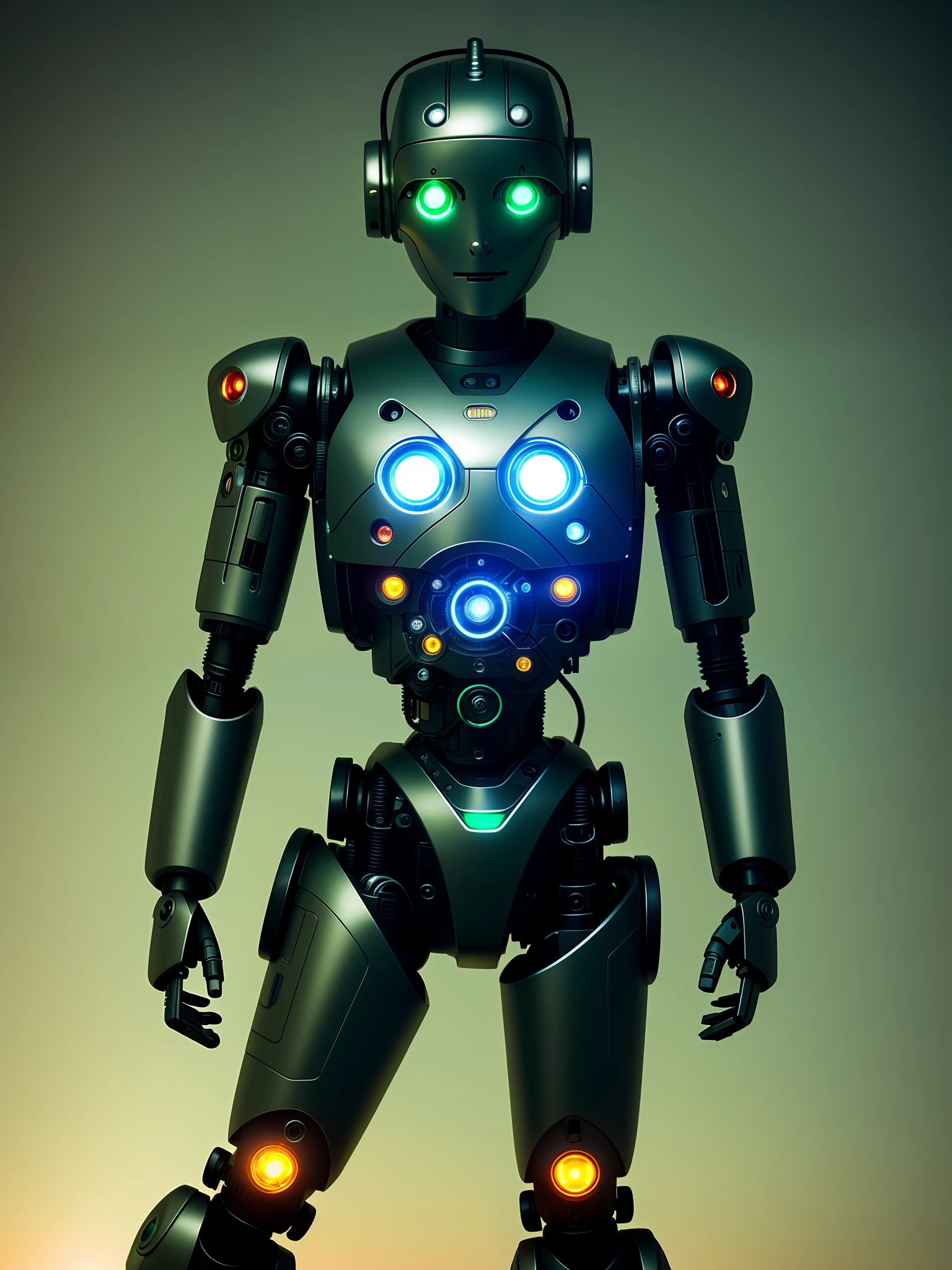 1 cute robot made of metal, (Cyborg:1.3), ([Tail | detailed wire]:1.1), (Intricate details), HDR, (Intricate details, hyperdetailed:1.2), Cinematic photo, Vignette, Centered,light green light
