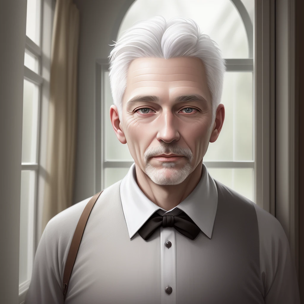 there is a 48-year-old man, white hair in front of a window, realistic self-portrait, highly detailed digital painting,