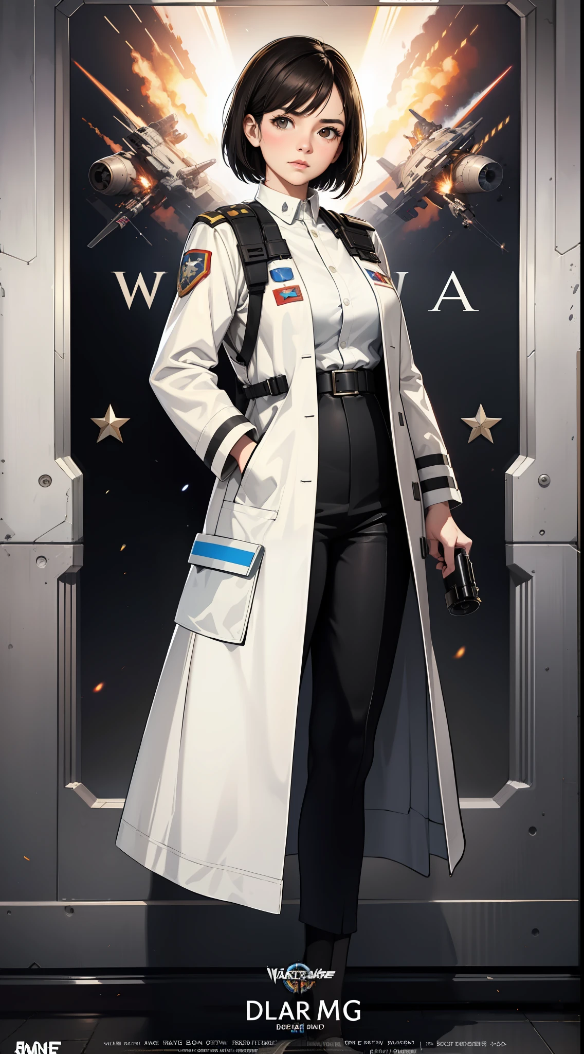 Movie Cover Art,War Movie Poster,Blizzard Background,Sci-Fi,Science Fiction,Foundation Movie Reference,Anti-Government Groups,Politics,War,Woman25,Adult,Rebel,Dark Brown Eyes,Black Bob Short Hair,White Doctor Researcher Uniform,White Transparent Coat,No Uniform or Symbol,Dressed Closely,Polite Dress,Serious Face,Realistic Face Resolution,Realistic,Object Resolution