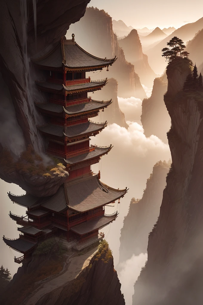 Chinese martial arts style, with vast sky, continuous mountains and steep cliffs, ink wash style, outline light, atmospheric atmosphere, depth of field, mist rising, bamboo, pine trees, stone pavilions, waterfalls,ink