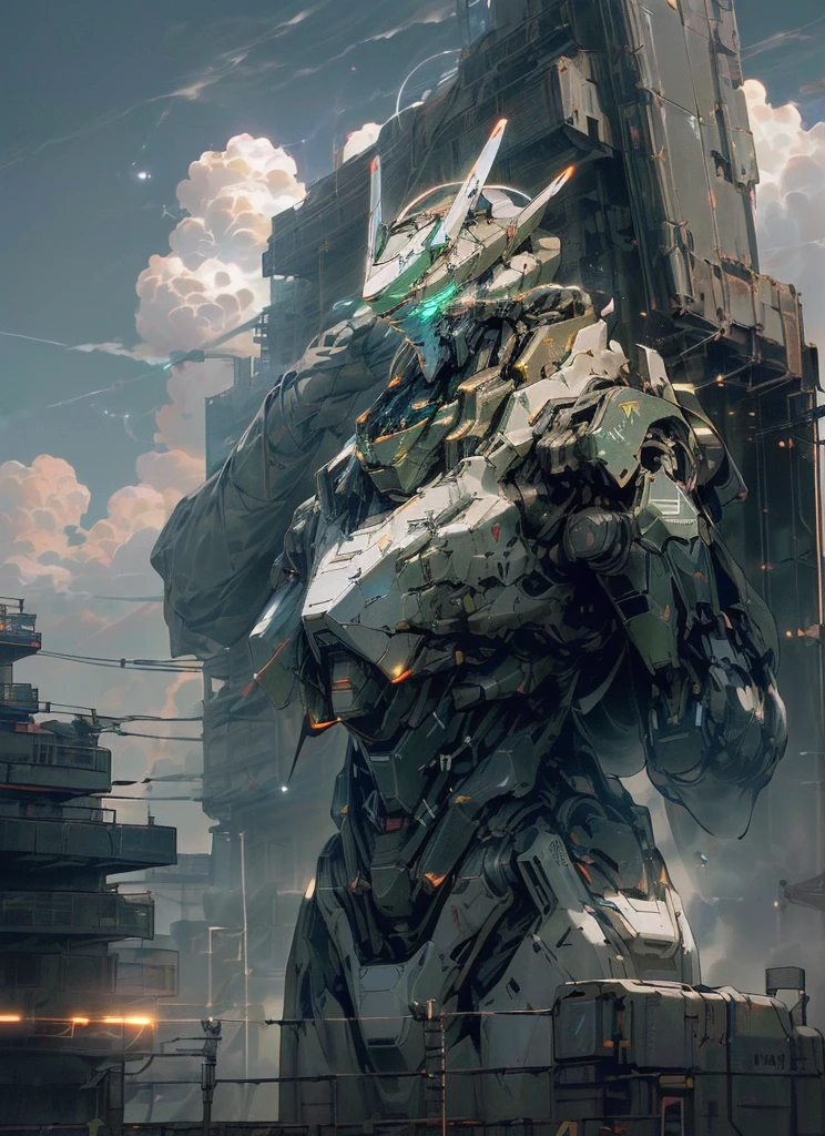 (((Science fiction city)), ((Robot stationing)), ((no_humans)), ((Sky)) and ((Cloud)) intertwined, ((Glow)) radiant, ambitious ((Mecha)) holding ((holding_weapon)) to ((Unknown Building)), ((glowing_eyes)) radiating light, as if he were the god of ((City)) full of ((Reality)) and ((Science Fiction)) atmosphere.