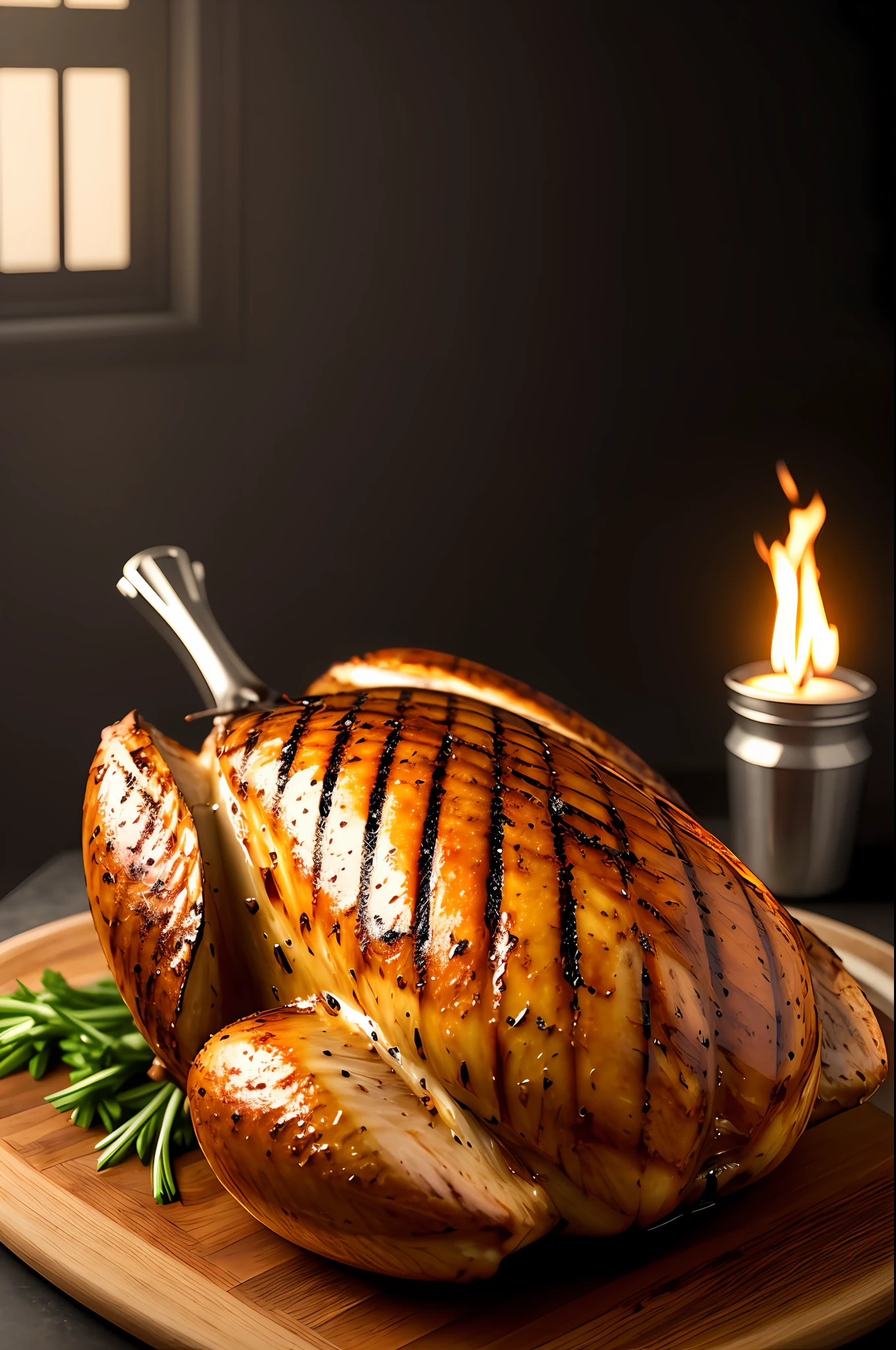 grilled whole chicken smooth,sauce,vegetable,yummy,8k, majestic, moody, divine, mysterious, cinematic lighting, cinematic composition, ultra detailed, hyperrealistic, high contrast, 8k render, photorealistic``