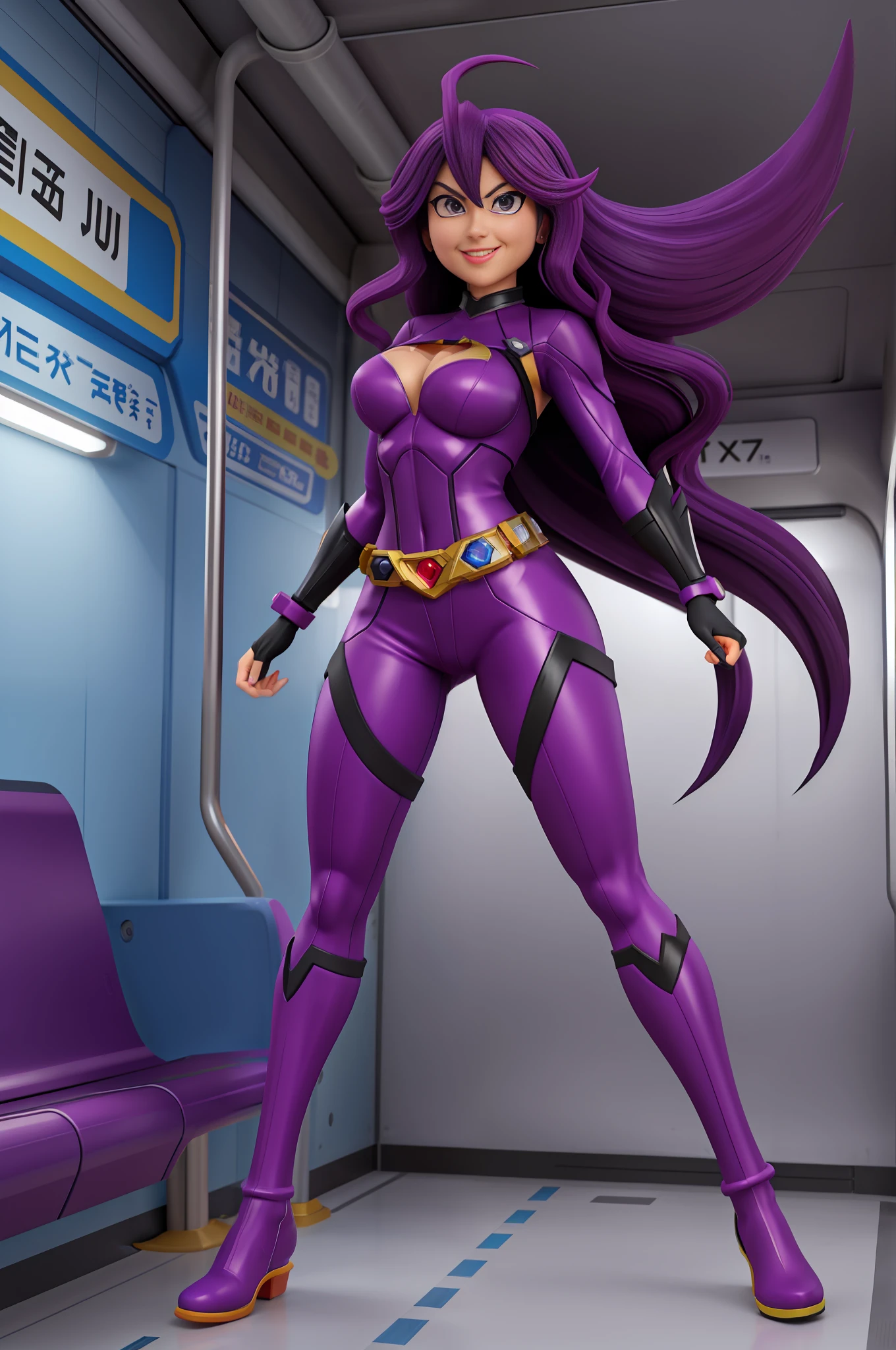 Full body image of a woman/Kamen Rider/Batman/Mega Man-x, Max resolution/detail/quality/sharpness. Unreal Engine 5, Disney/Anime style, Mortal Kombat/Kamen Rider Universe, she has long purple hair curly slick, breasts1, huge, extremely tight clothing on the body, looking at the viewer smiling, holding futuristic weapons, on an empty subway train.