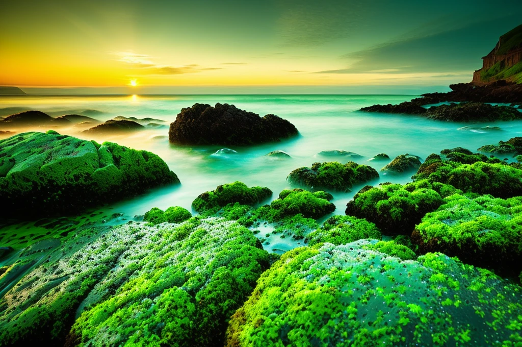 a close up of a rocky beach with green rocks and water, glowing green rocks, mossy rocks, mystical setting, mossy rock, mossy stone, glowing green, landscape photography, large rocks with thick moss, breathtaking composition, by Darek Zabrocki, vibrant green, hd nature photography, epic sunrise, green sea, green ocean