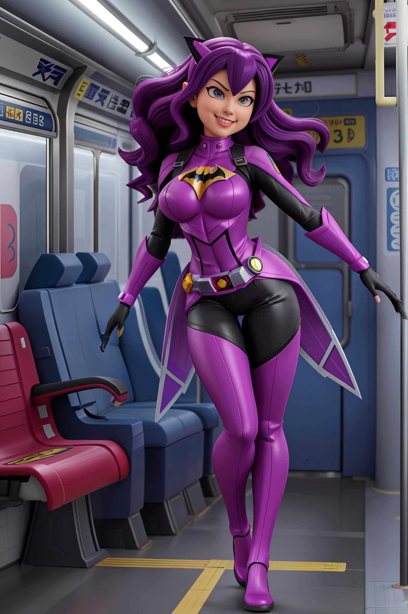 Full body image of a woman/Kamen Rider/Batman/Mega Man-x, Max resolution/detail/quality/sharpness. Unreal Engine 5, Disney/Anime style, Mortal Kombat/Kamen Rider Universe, she has long purple hair curly slick, breasts1, huge, extremely tight clothing on the body, looking at the viewer smiling, holding futuristic weapons, on an empty subway train.