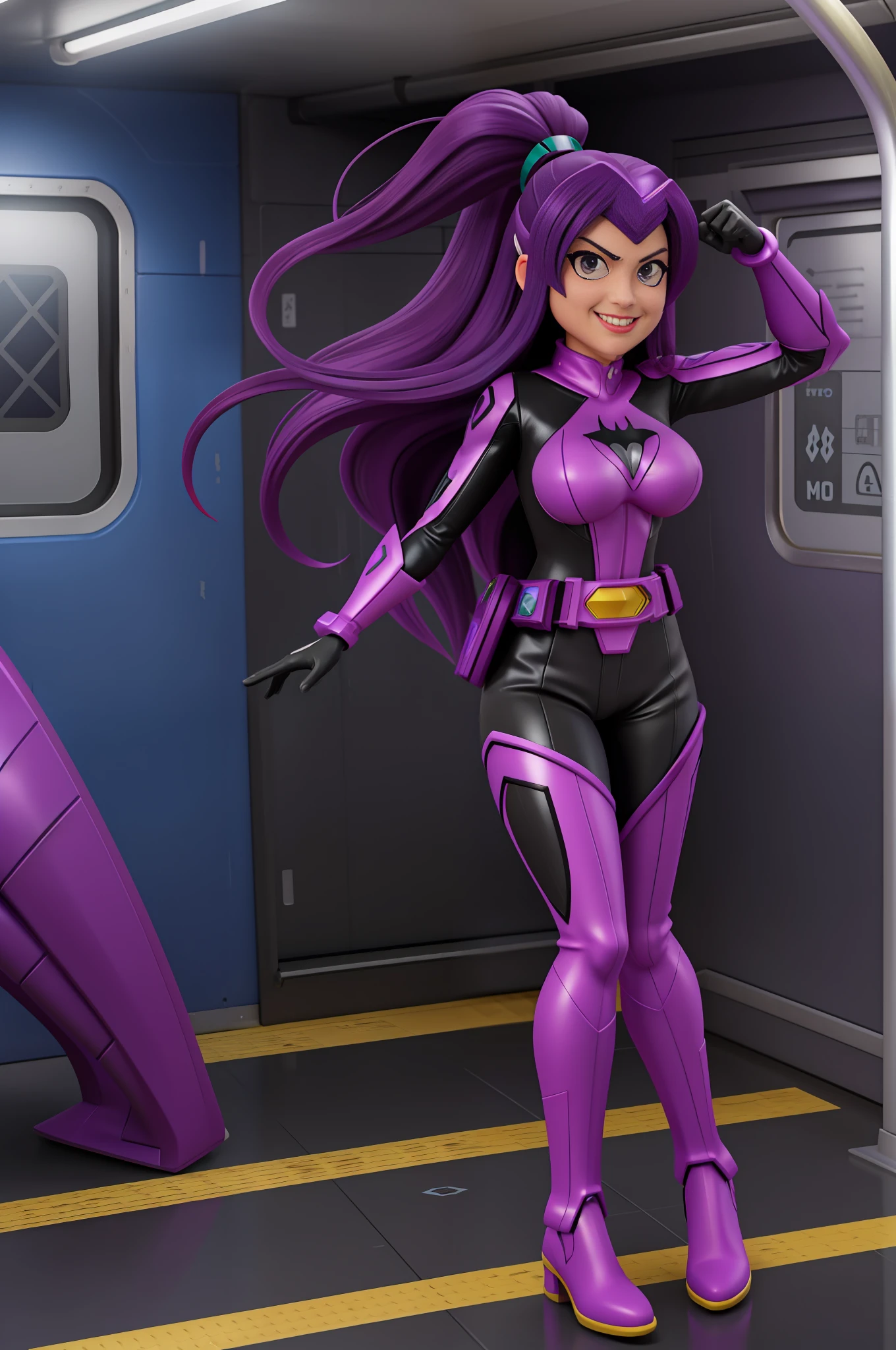 Full body image of a woman/Kamen Rider/Batman/Mega Man-x, Max resolution/detail/quality/sharpness. Unreal Engine 5, Disney/Anime style, Mortal Kombat/Kamen Rider Universe, she has long purple hair curly slick, breasts1, huge, extremely tight clothing on the body, looking at the viewer smiling, holding futuristic weapons, on an empty subway train.