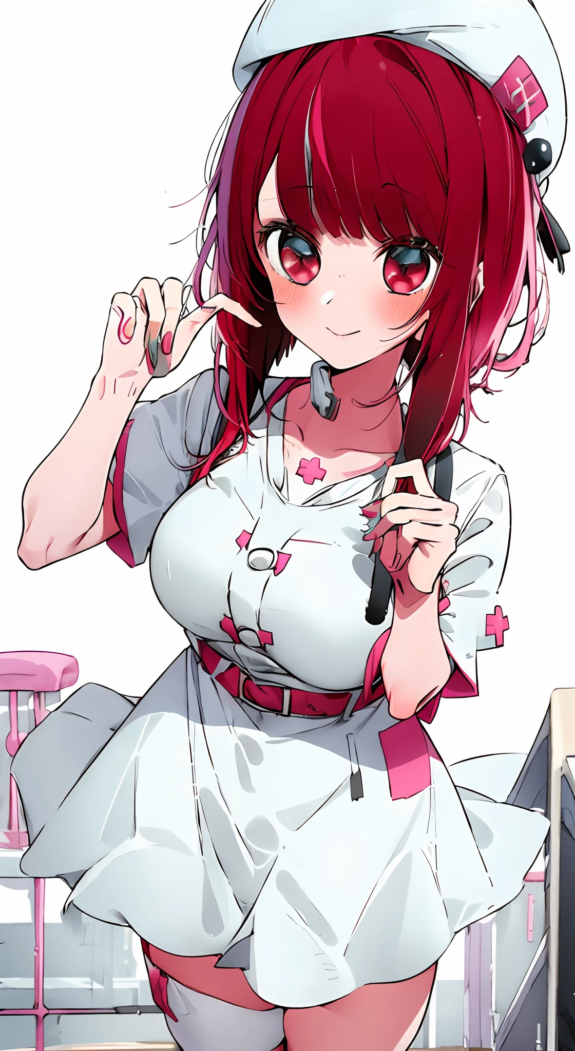 1girl, solo, nurse outfit , bangs,happy,posing, multicolored hair, Arima Kana, hat, white headwear, beret, (masterpiece:1.2), highres, best quality, 8k, nursery office, nurse outfit, nurse supplies, doctors office, white dress, bandages on hand
