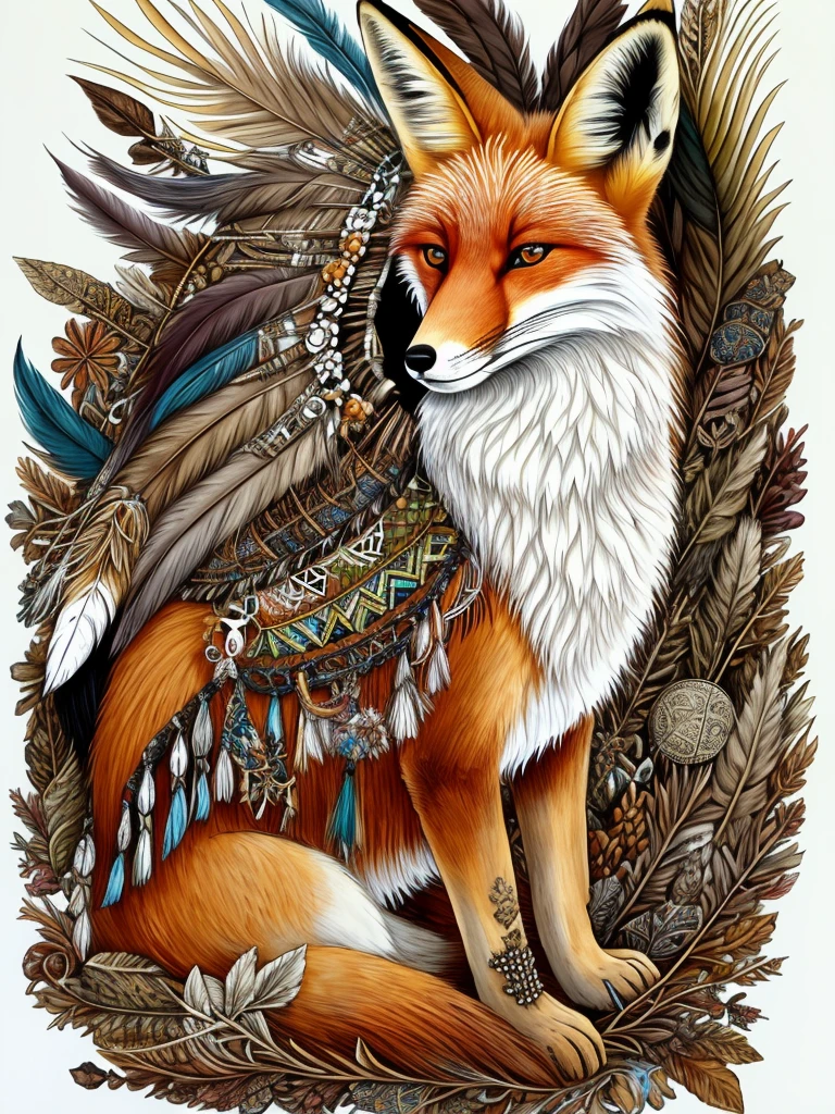 forest fox sits on a plait, decorated with feathers and bones like a shaman, the spirit of the forest, fantasy good quality