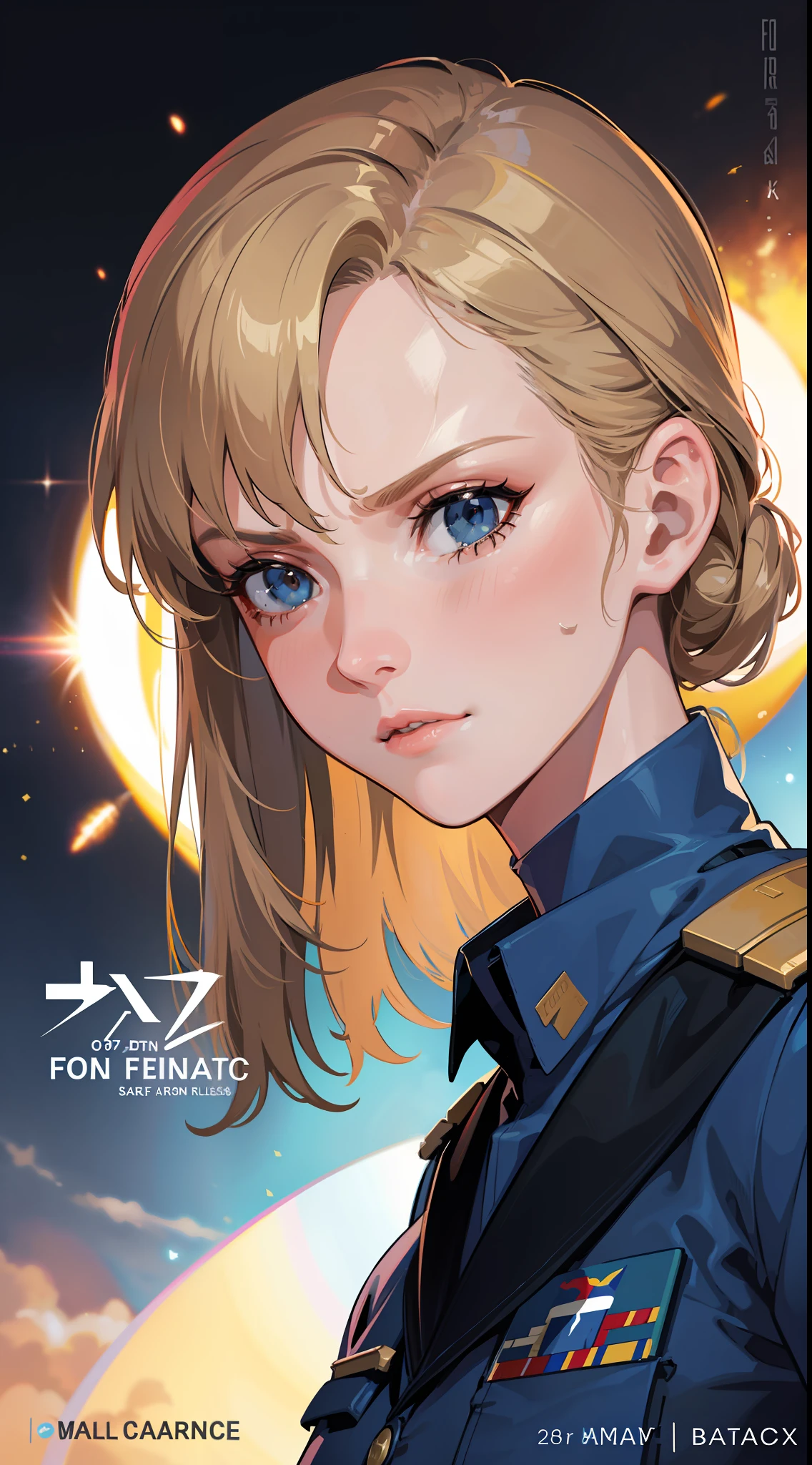 Movie Cover Image,Like a Real Person,Polite Dress,War War Fighter Action Cover Image),(Movie Reference Foundation : 1.8 ),Realistic,White Air Force General Uniform,(Realistic Face Resolution),Cinematic Poses,Adult,Skinny,Small,1 Woman with Dark Blonde Hair,Serious Face,Science Fiction,Sci-Fi,Different Characters