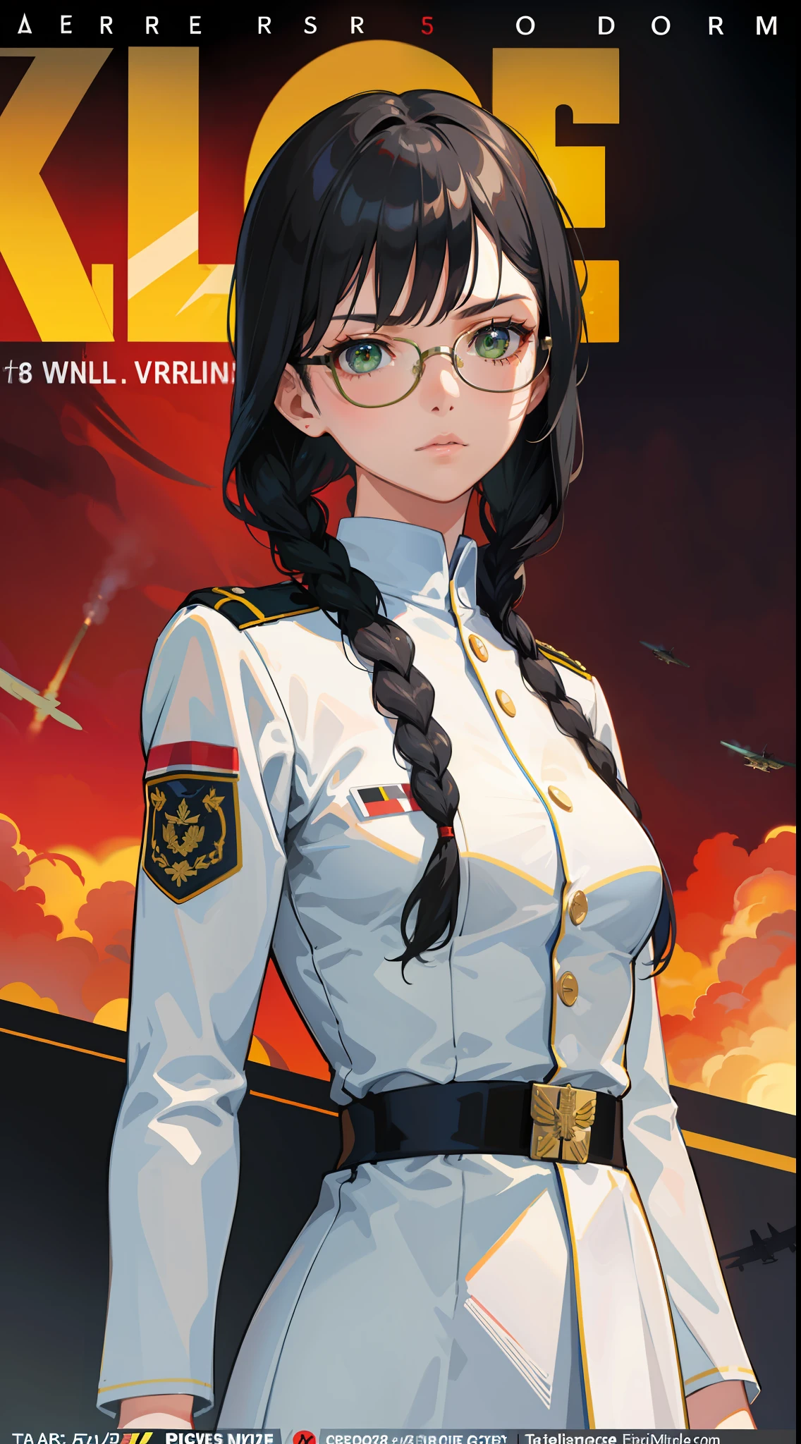 Movie Cover Art,Foundations Film Reference,Science Fiction Genre,English,(Realistic Face Resolution),(Movie Poster : 1.5), Science Fiction, Sci-Fi, War, 3D Face, Most Realism Resolution, Beautiful Effects, CG Best,More Than One,Serious Face,Serious Face,Backgrounds Image,White Dress,(Wearing German World War 2 General Uniform),Woman,Adult,Age 28,Small Breasts,Skinny,Green Eyes,Black Hair,Double Braided Hairstyle,Bangs,Red Glasses,Fighter Plane,Military,Air Force,Army Greatness