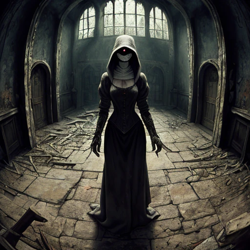 woman plague doctor at abandoned medieval hospital, (creepy:1.1), (nightmare:1.2), dark, 1girl, masterpiece, best quality, ultra-detailed, glowing detailed eyes behind mask with long beak, scary, horror, best quality, realistic shadows, dynamic light, intricate details, nsfw. uhd, highres, (pov:1.2), png, CG, old movie, absurdres, psychedelic, dark ruined environment, (detailed textures:1.1), fisheye