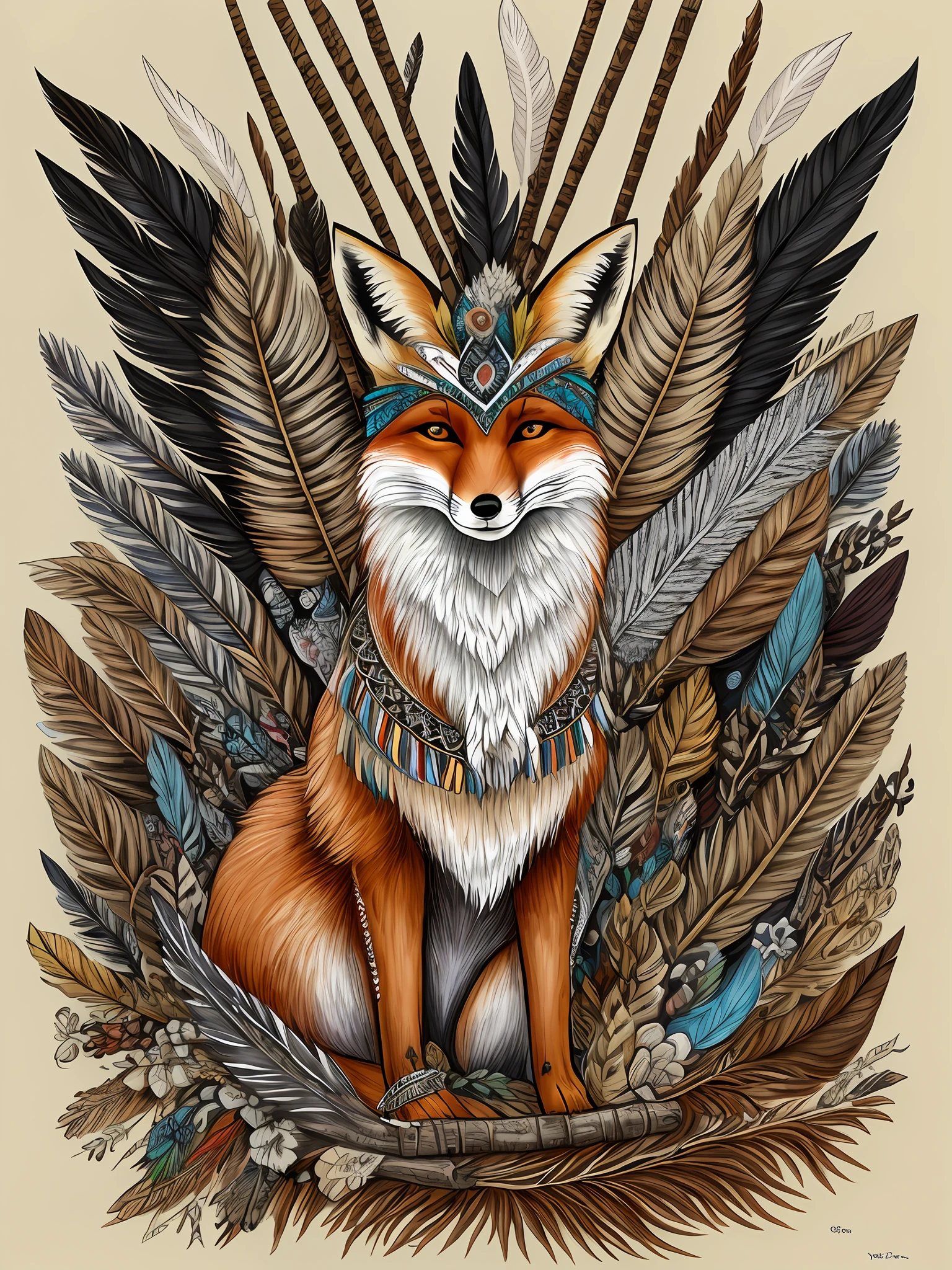 forest fox sits on a plait, decorated with feathers and bones like a shaman, the spirit of the forest, fantasy good quality