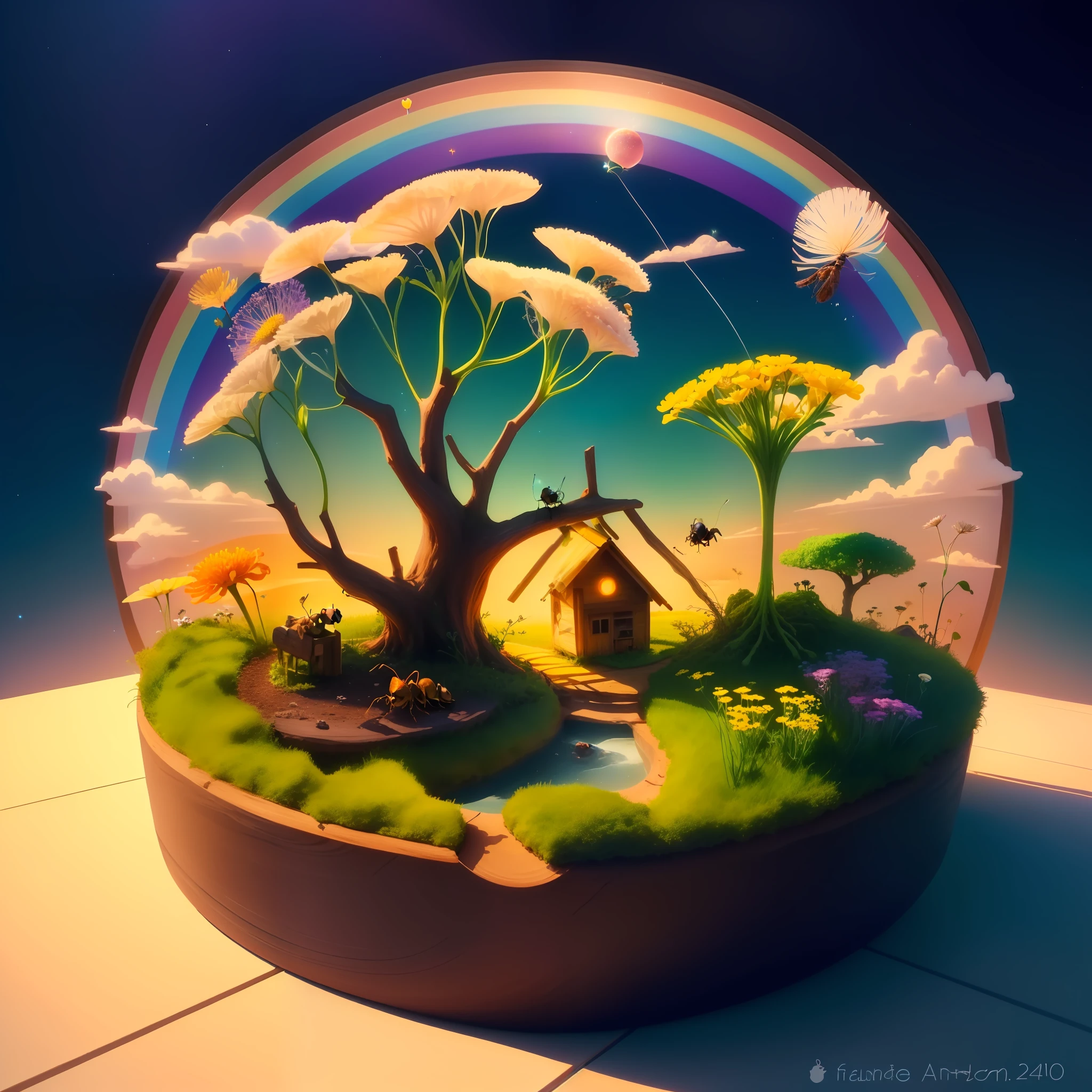 set up a cute birthday anthill habitat, two candles, flying dandelions, a rainbow in the sky, and one with a little ant in a fantasy habitat seen from above at a 45 degree angle
