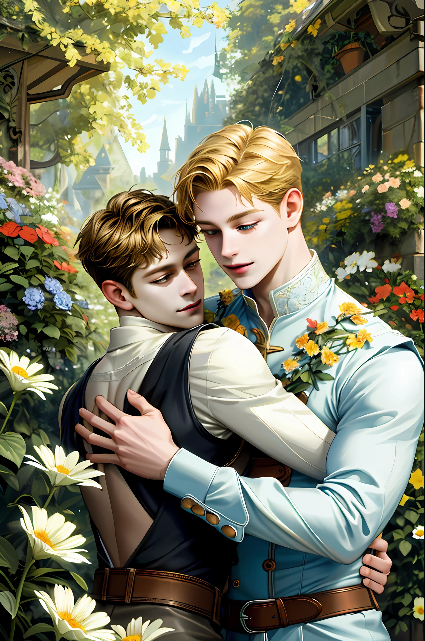 (ridiculous, high resolution, super detailed), 2 boys, height difference, different hair colors, happy, love, hug, upper body, short hair, brunette and blonde, fantasy, flower, garden