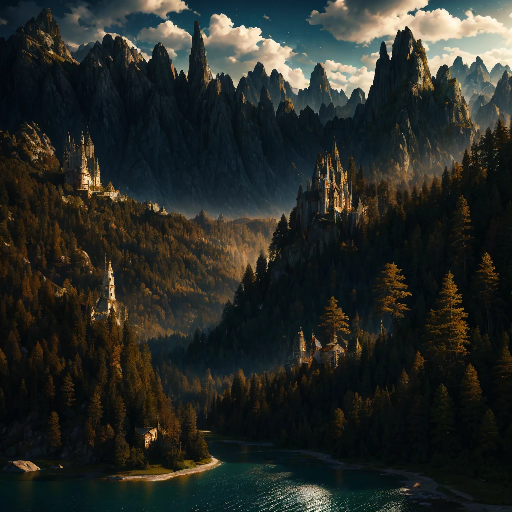 Masterpiece, best quality, high quality, extremely detailed CG unity 8k wallpaper, landscape, town, church, street, shop, woods, sky, cloud, sky, town dweller, mountain, landscape, water, tree, blue sky ,,, nature, cloudy sky, award winning photography, bokeh, depth of field, HDR, bloom, chromatic aberration, photorealism, very detailed, trending on artstation, trending on CGsociety, intricate, high detail, dramatic, midjourney art