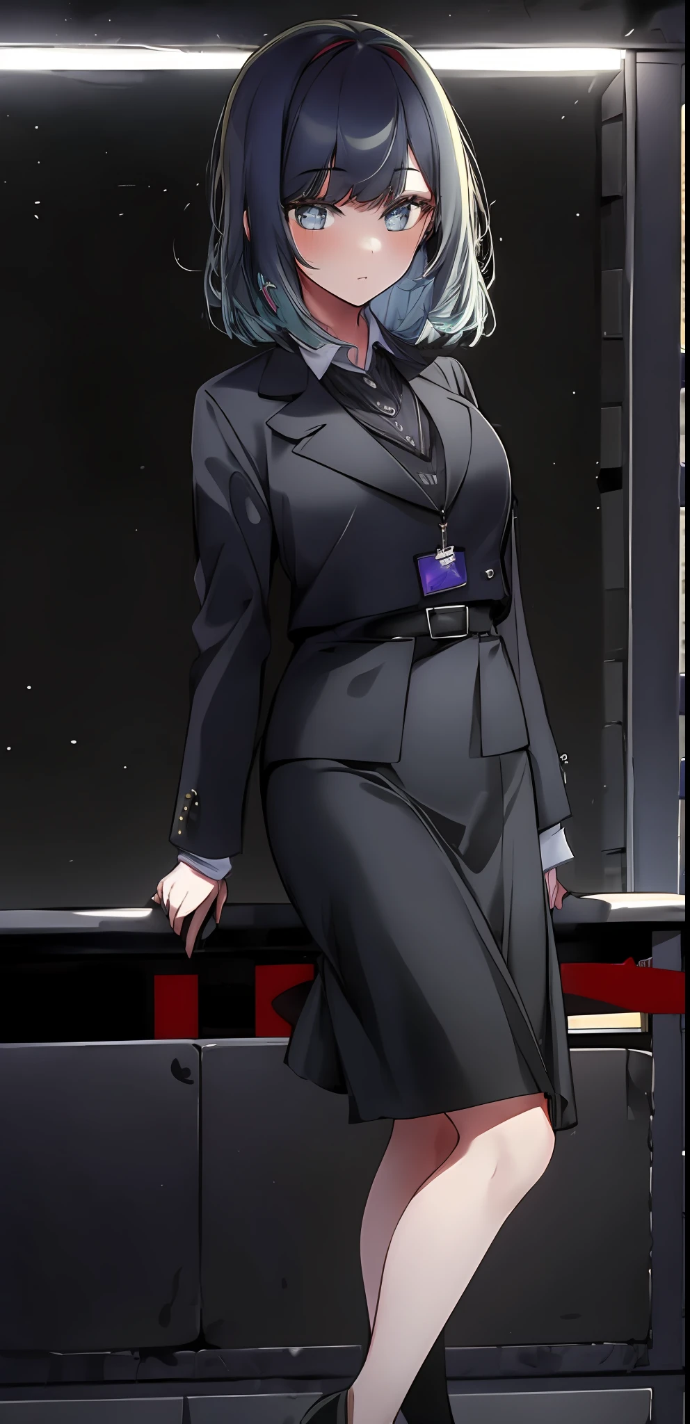 1girl, solo, psychologist outfit , bangs,happy,posing, multicolored hair, (masterpiece:1.2), highres, best quality, 8k, nursery office, psychologist outfit, psychologist supplies, psychologist office, black dress, skirt nee length, conservative 2 piece suit , high heels, t shirt