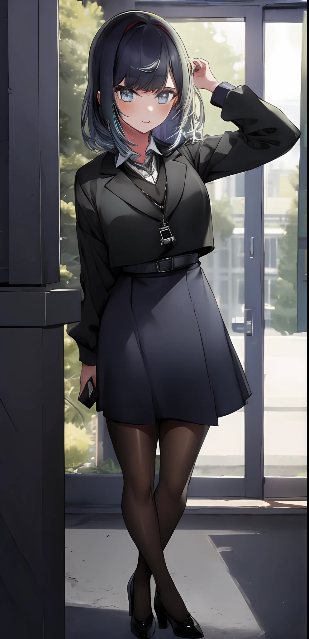 1girl, solo, psychologist outfit , bangs,happy,posing, multicolored hair, (masterpiece:1.2), highres, best quality, 8k, nursery office, psychologist outfit, psychologist supplies, psychologist office, black dress, skirt nee length, conservative 2 piece suit , high heels, t shirt