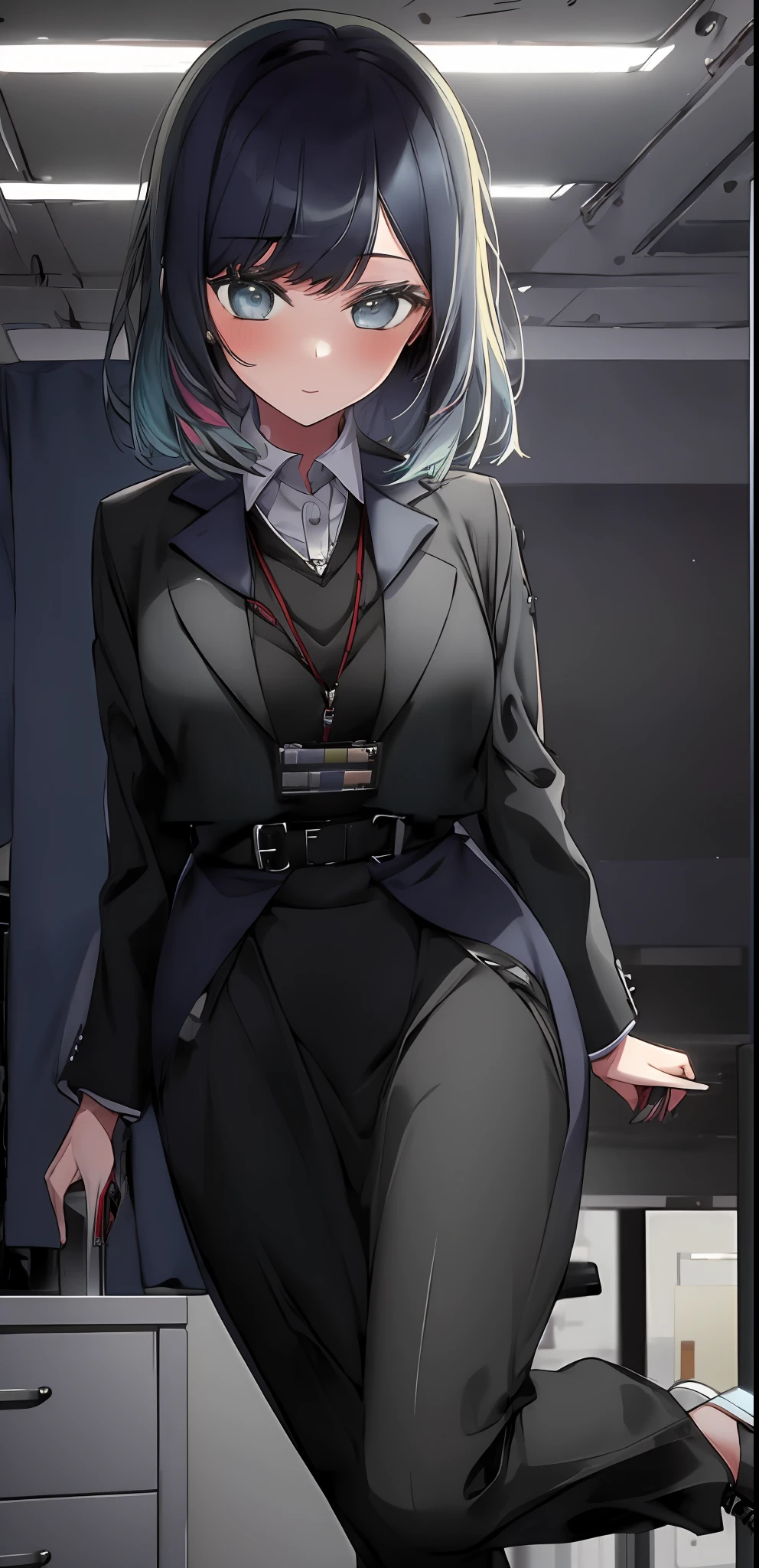 1girl, solo, psychologist outfit , bangs,happy,posing, multicolored hair, (masterpiece:1.2), highres, best quality, 8k, nursery office, psychologist outfit, psychologist supplies, psychologist office, black dress, skirt nee length, conservative 2 piece suit , high heels, t shirt