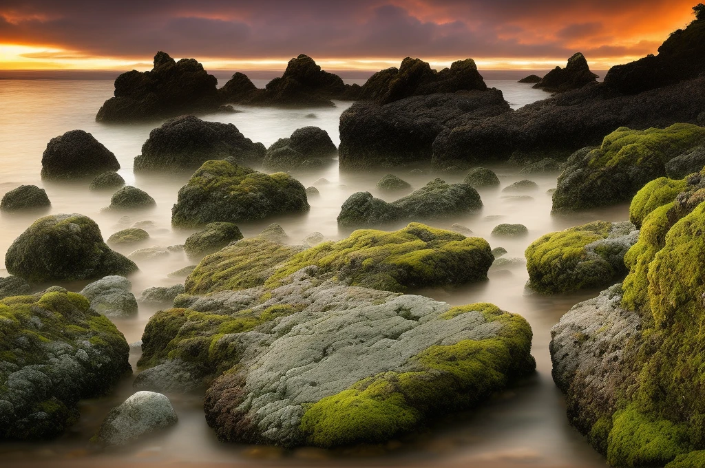 a close up of a rocky beach with rocks and water, glowing rocks, mossy rocks, mystical setting, mossy rock, mossy stone, landscape photography, large rocks with thick moss, breathtaking composition, by Darek Zabrocki, epic sunrise, hd nature photography, sea, ocean