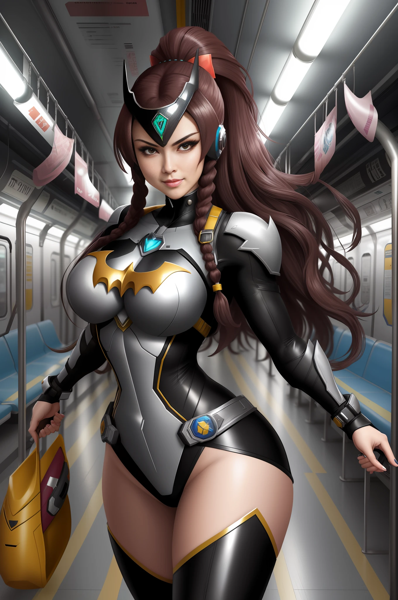 Image of a woman/Kamen Rider/Batman/Mega Man-x, Max resolution/detail/quality/sharpness. Unreal Engine 5, Disney/Anime style, Mortal Kombat/Kamen Rider Universe, she has long flowing hair with braids, breasts1, huge, extremely tight clothing on the body, looking at the viewer smiling, holding futuristic weapons, on an empty subway train.