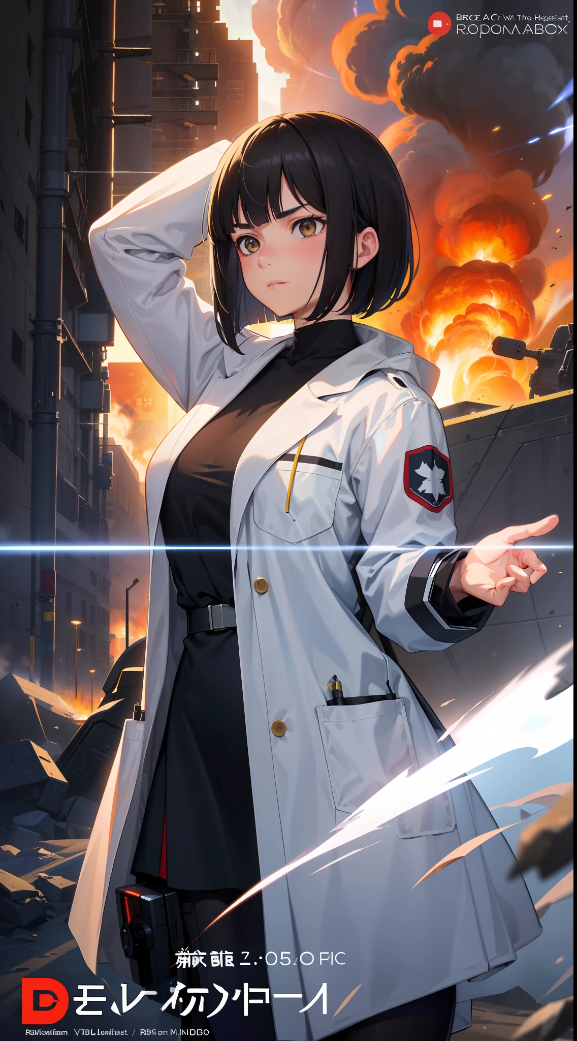 Movie Trailer Cover,War Movie Poster,Blizzard Background,Sci-Fi,Science Fiction,Foundation Movie Reference,Anti-Government Groups,Politics,War,25-Year-Old Woman,Adult,Rebel,Dark Brown Eyes,Black Bob Short Hair,White Doctor Researcher Uniform,White Transparent Coat,No Uniform or Symbol,Fully Dressed,Polite Dress,Serious Face,Realistic Face Resolution,Realistic,Object Resolution