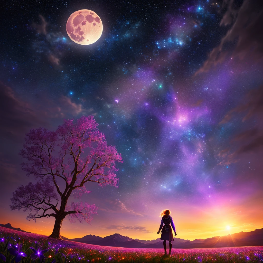 expansive landscape photograph , (a view from below that shows sky above and open field below), a girl standing on flower field looking up, (full moon:1.2), ( shooting stars:0.9), (nebula:1.3), distant mountain, tree BREAK
production art, (warm light source:1.2), (Firefly:1.2), lamp, lot of purple and orange, intricate details, volumetric lighting, realism BREAK
(masterpiece:1.2), (best quality), 4k, ultra-detailed, (dynamic composition:1.4), highly detailed, colorful details,( iridescent colors:1.2), (glowing lighting, atmospheric lighting), dreamy, magical, (solo:1.2)