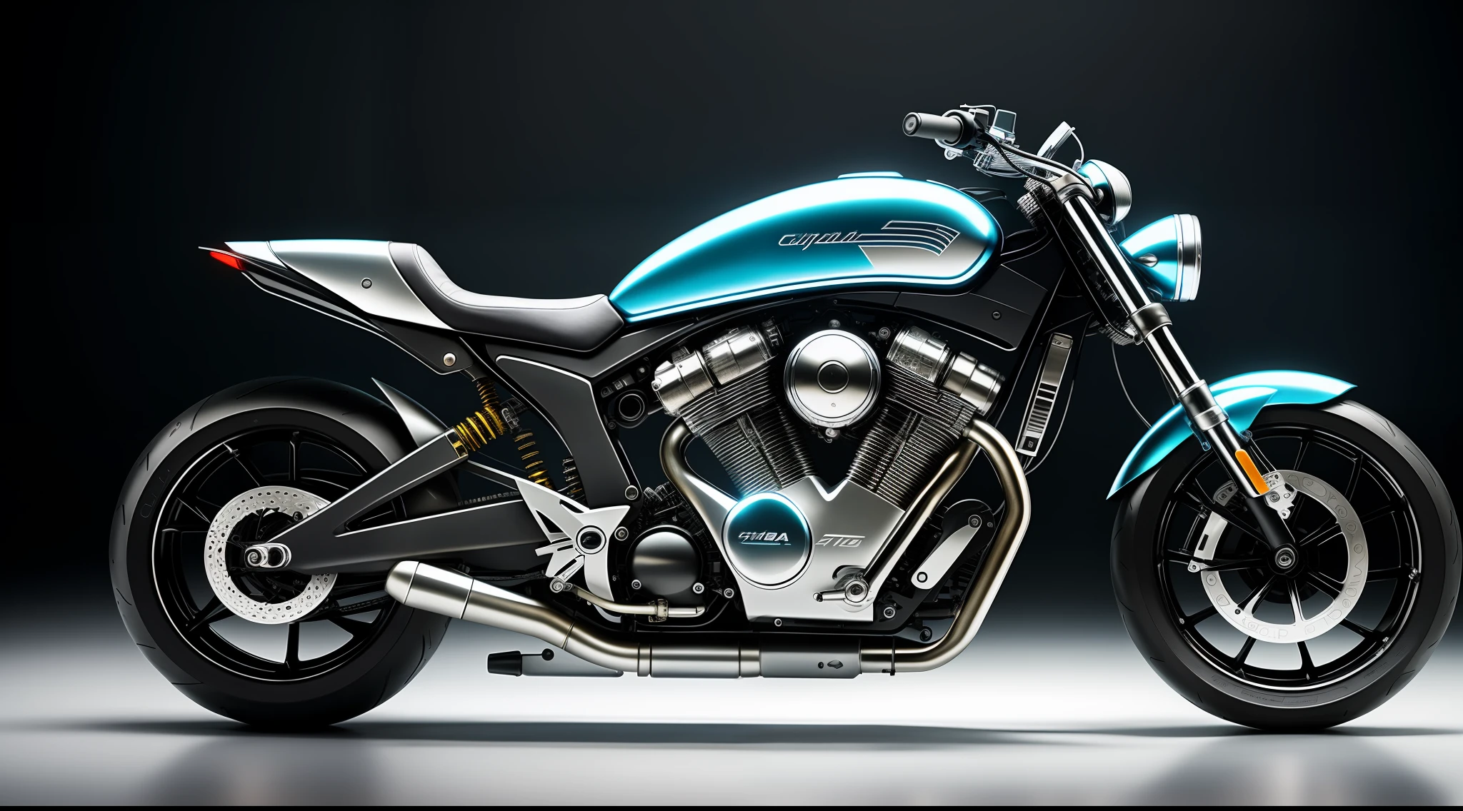 1 beautiful futuristic motorcycle made of metal, (Cyborg:1.3), ([Tail | Detailed wire]:1.1), (Intricate details), HDR, (Intricate details, hyperdetailed:1.3), Cinematic photo, Centered, light blue light