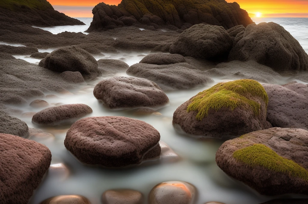 a close up of a rocky beach with rocks and water, glowing rocks, mossy rocks, mystical setting, mossy rock, mossy stone, landscape photography, large rocks with thick moss, breathtaking composition, by Darek Zabrocki, epic sunrise, hd nature photography, sea,  ocean