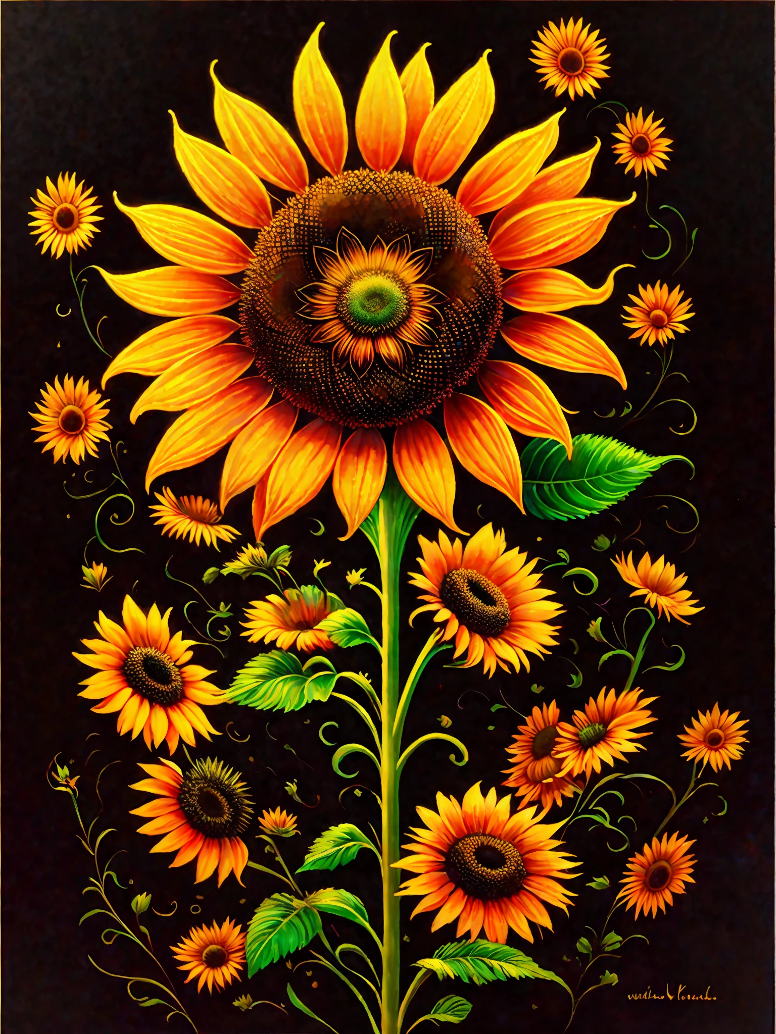 a painting of a colorful sunflower on a black background, , breathtaking rendering, within a radiant connection, inspired by Kinuko Y. Craft,, magical elements, sunflower icon, wow, is gorgeous, casting a multi colorful spell, bright flash, flash