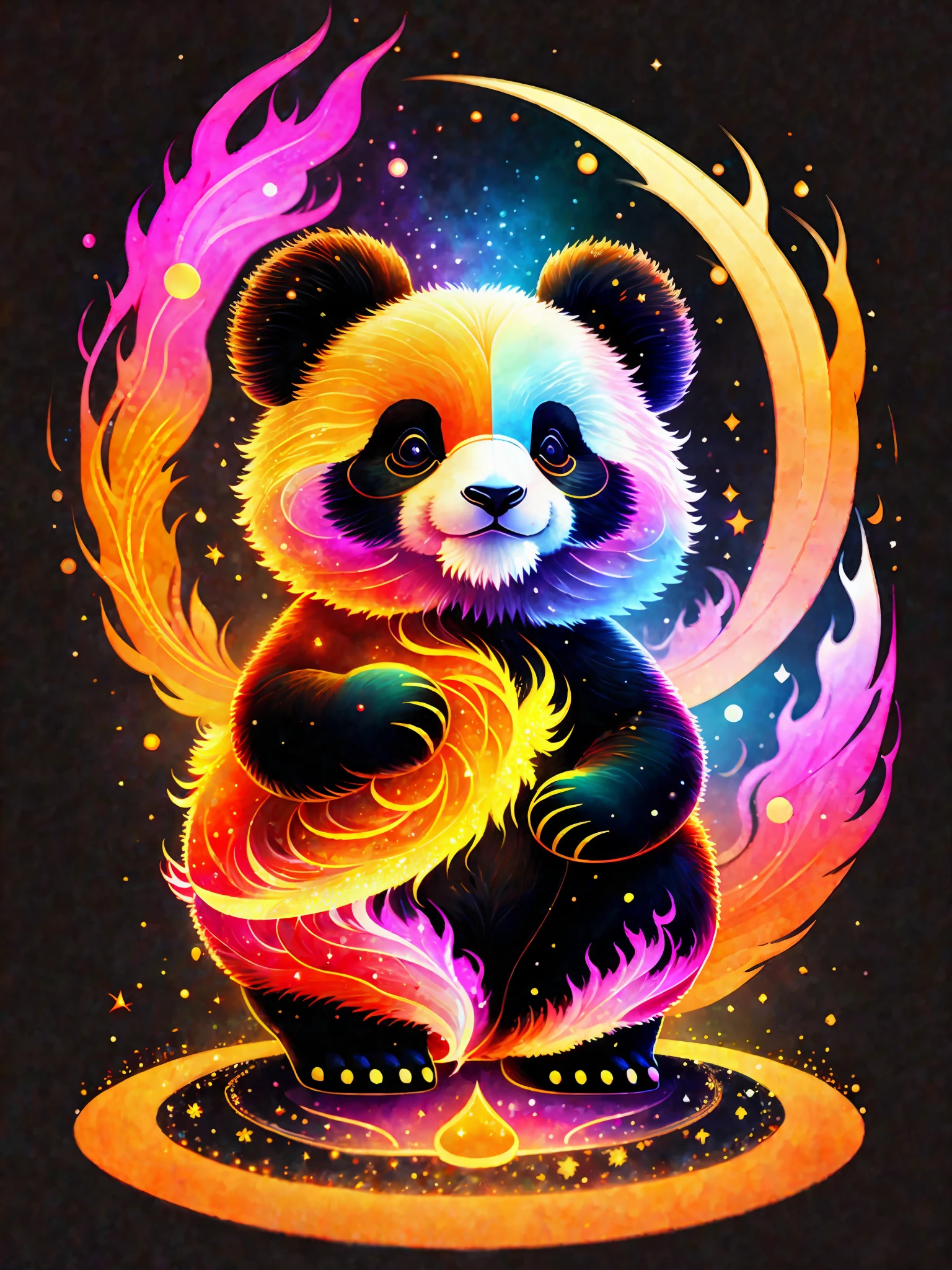 a painting of a colorful panda on a black background, panda rising from the ashes, breathtaking rendering, within a radiant connection, inspired by Kinuko Y. Craft, merging into vulpix, magical elements, white eagle icon, wow, it's gorgeous, casting a multi colorful spell, bright flash, flash