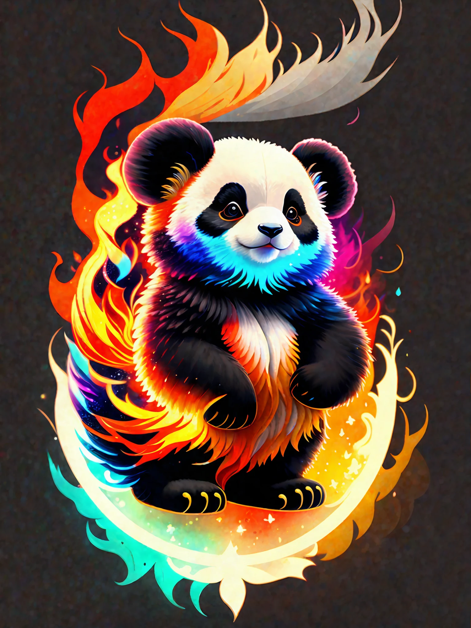 a painting of a colorful panda on a black background, panda rising from the ashes, breathtaking rendering, within a radiant connection, inspired by Kinuko Y. Craft, merging into vulpix, icon of the white eagle, wow, is gorgeous, casting a multi colorful spell, bright flash, flash