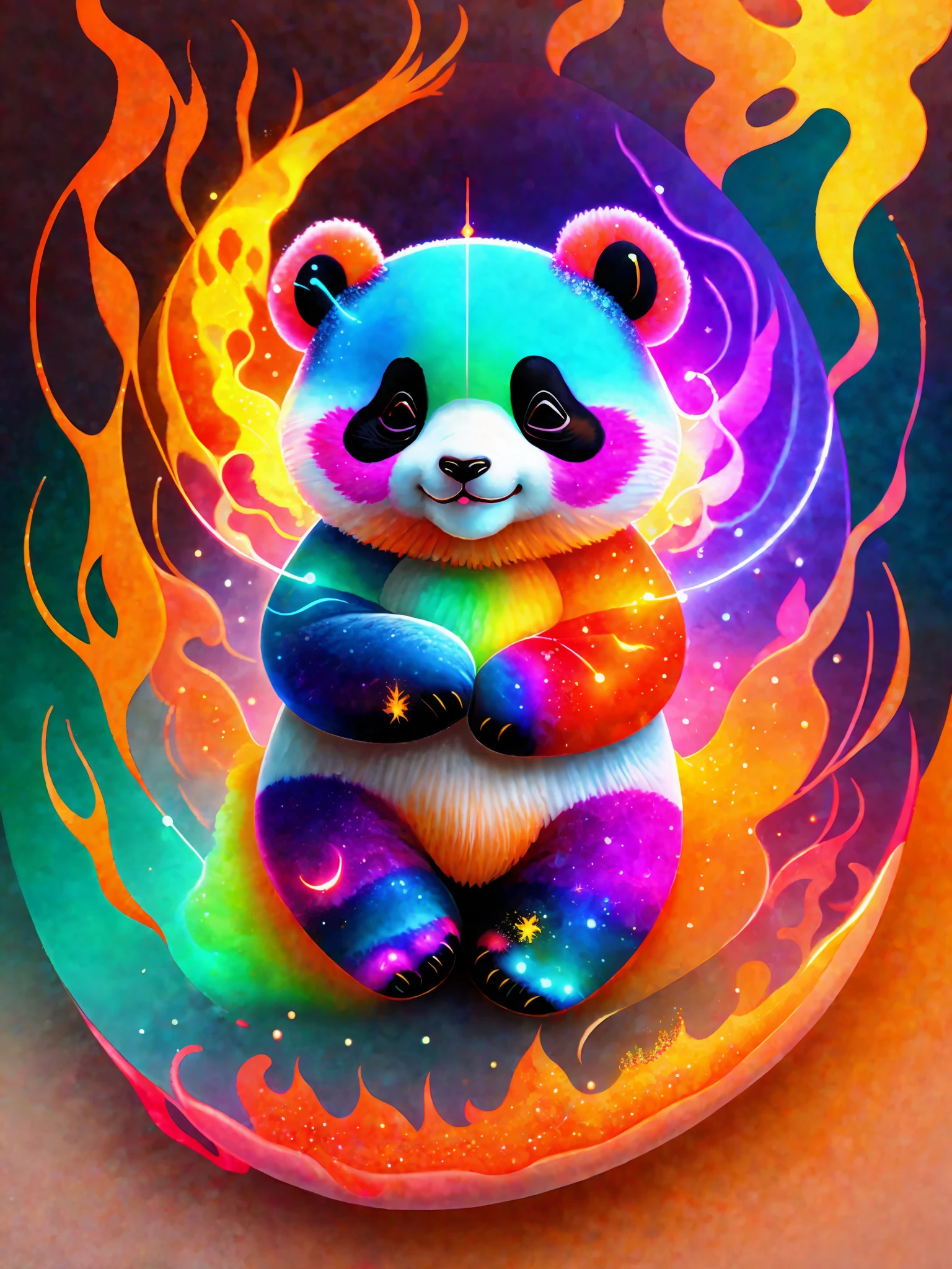 a painting of a colorful panda on a transparent background, panda rising from the ashes, breathtaking rendering, within a radiant connection, inspired by Kinuko Y. Craft, merging into vulpix, wow, it's gorgeous, casting a multi colorful spell, bright flash, flash