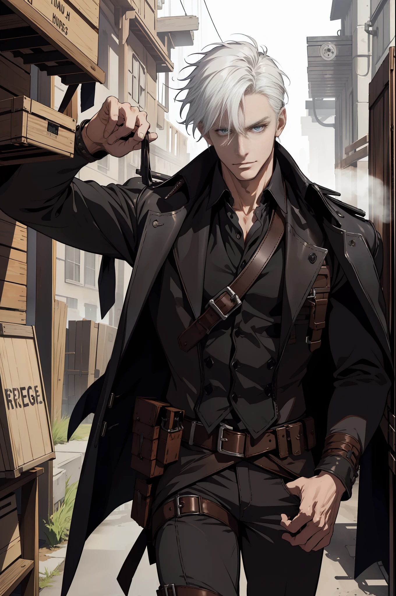 (absurd res, high res, ultra detailed), 1 male, adult, handsome, tall muscular guy, broad shoulders, white hair, finely detailed eyes, portrait, looking at viewer, solo, half shot, detailed background, detailed face, (steampunk industrial), smirk, renegade, rugged dark leather clothes, small leather pouch, high fantasy medieval setting, smuggler hideout background, stealth, undercover, (crates in background), shadows, fog, (dutch angle), closed mouth