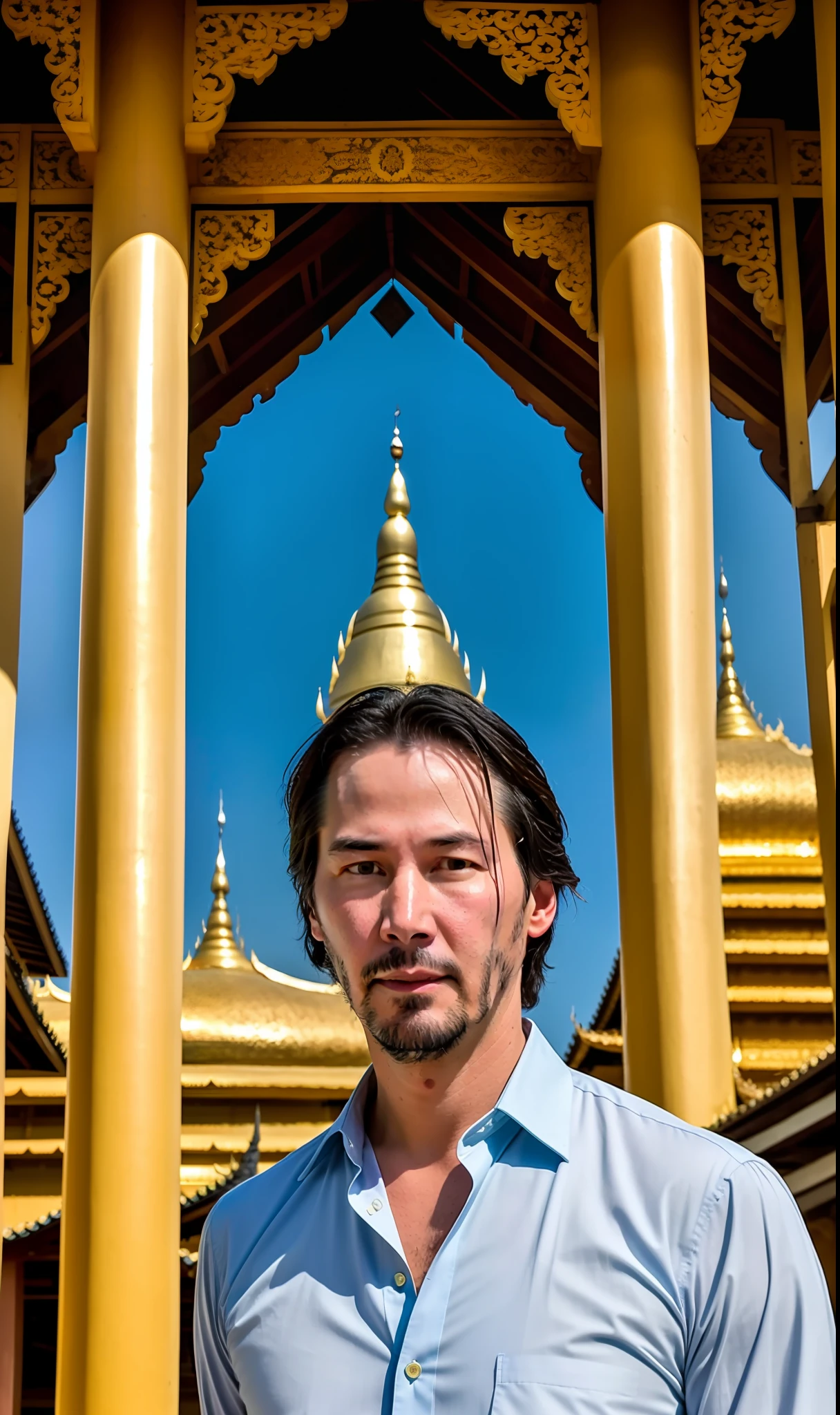 photo of Keanu Reeves as a burmese man ,he weare burmese cloths,in front of Shwe Dagon Pagoda,sky blue, wide