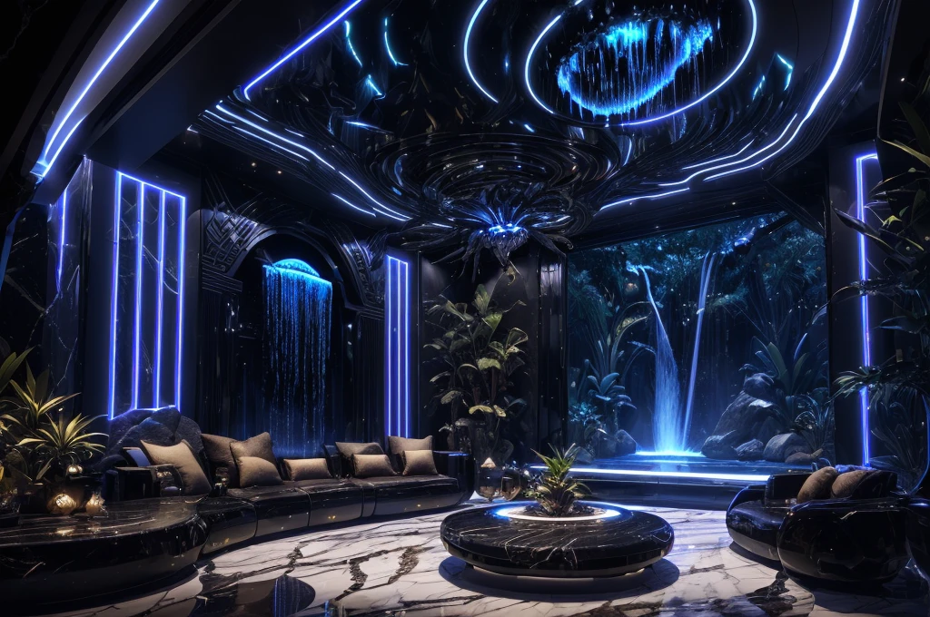 incredible black luxurious futuristic interior in Ancient Egyptian style with many (((lush plants))) (lotus flowers), ((palm trees)), ((african trees flowers and plants)), (((gorgeous flowers))), rocky walls, ((sand)), ((waterfalls)) (marble), ((precious minerals)), ((metals)), (gemstones), crystals, clouds and ((((water)))), futuristic luxury furniture, (hieroglyphics), ((trees, flowers, plants made out of gemstones and precious minerals and lights)), crocodiles, (((ultra luxury))), (black marble) – with ((beautiful lights)), Unreal Engine, HQ, 16k