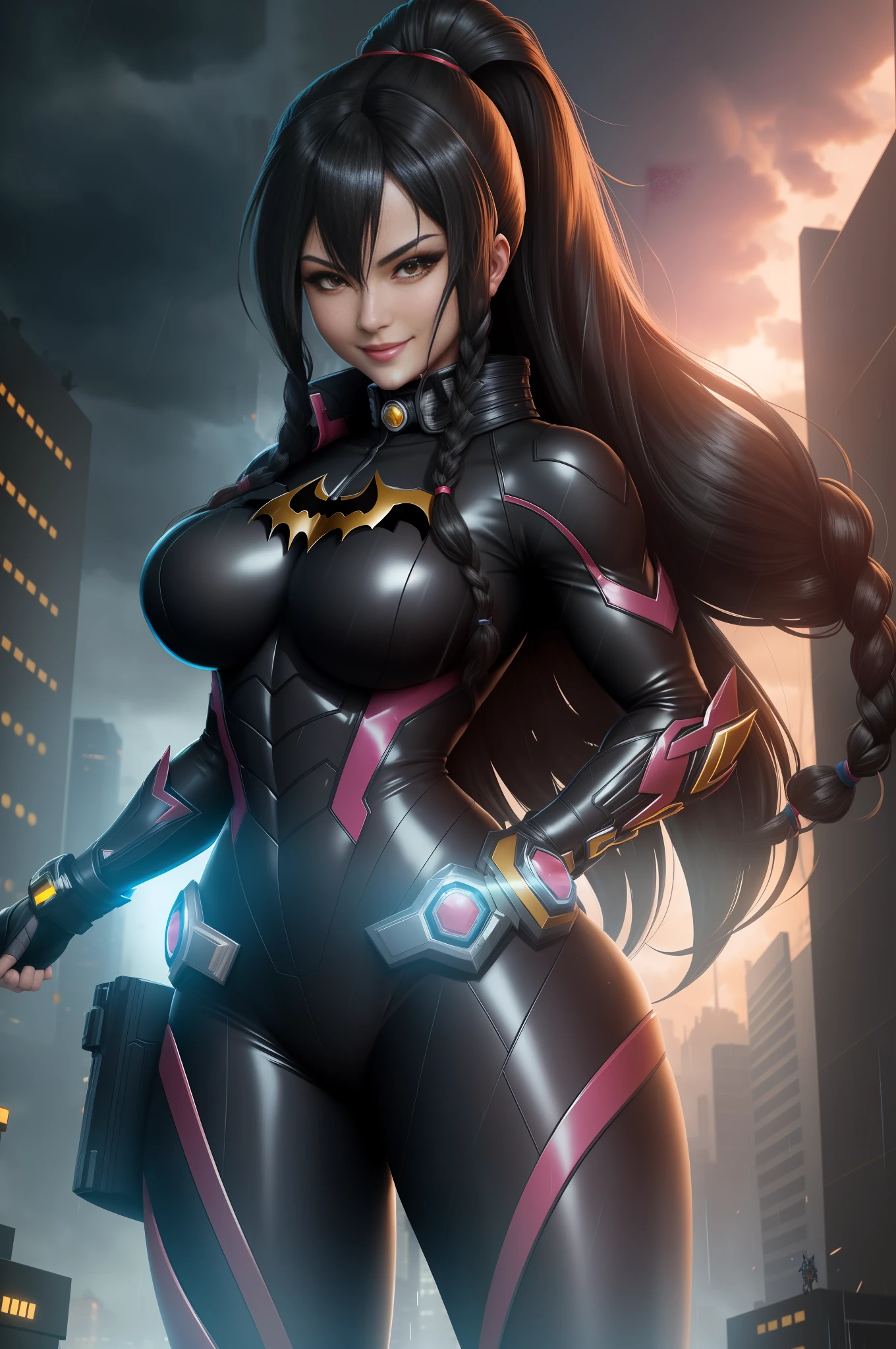 1 woman/Kamen Rider/Batman/Mega Man-x, Max resolution/detail/quality/sharpness. Unreal Engine 5, Disney/Anime style, Mortal Kombat/Kamen Rider Universe, she has long flowing hair with braids, breasts1, huge, extremely tight clothing on the body, looking at the viewer, smiling, Fight position, closed fists, in a futuristic city all destroyed raining heavily, body all wet.