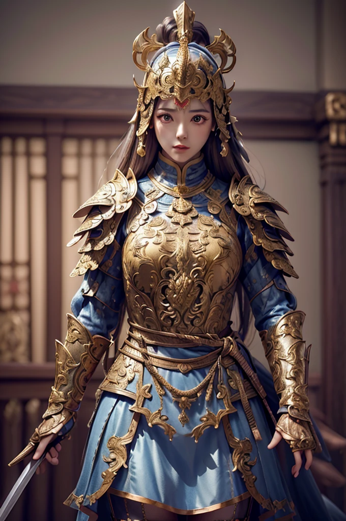((masterpiece))), (((best quality))), ((ultra-detailed)), (hyperrealistic), (highly detailed CG illustration), cinematic light, photorealistic ,1girl, armor, holding sword,