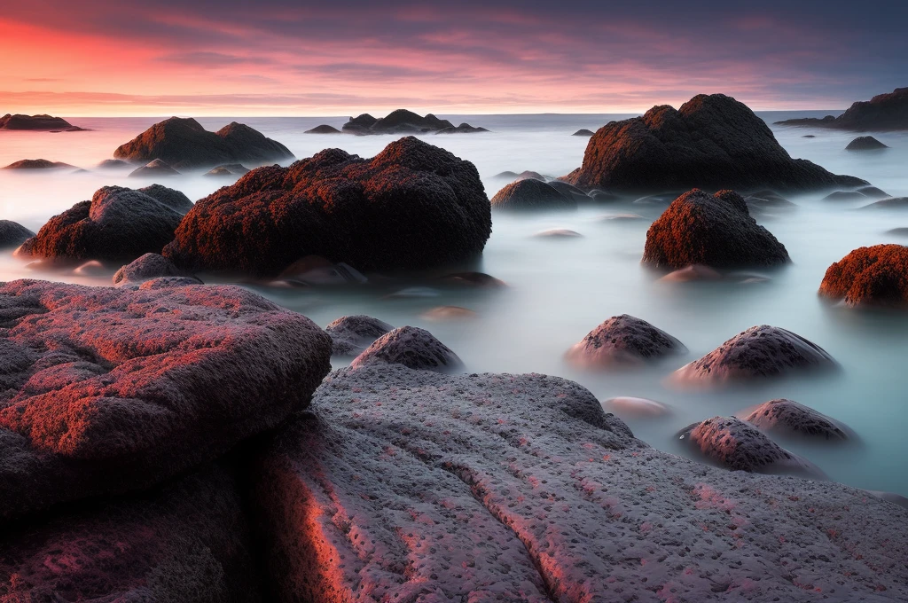 a close up of a rocky beach with rocks and water, glowing rocks, mossy rocks, mystical setting, mossy rock, mossy stone, landscape photography, large rocks with thick moss, breathtaking composition, by Darek Zabrocki, epic sunrise, hd nature photography, sea, ocean