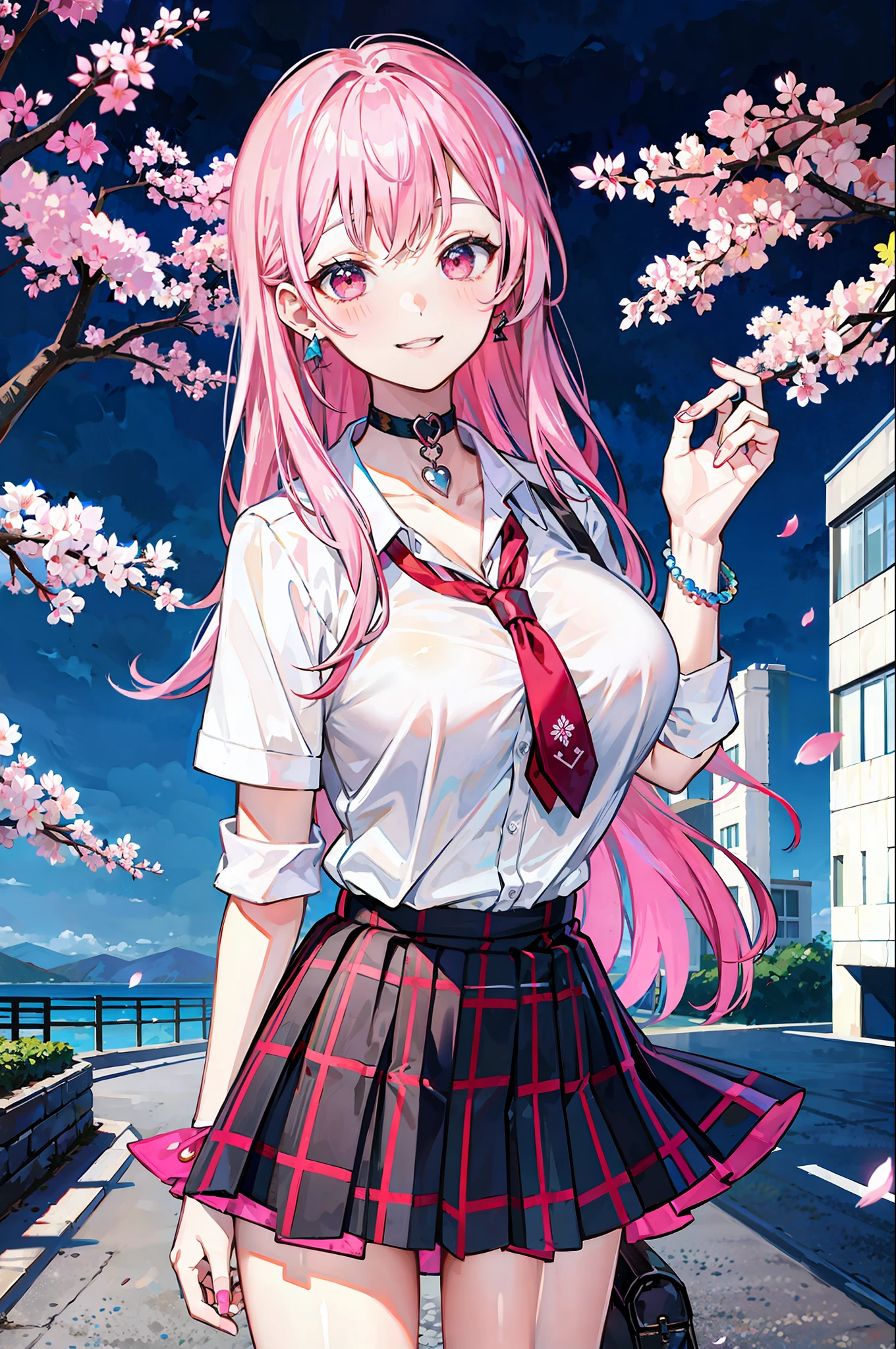 masterpiece, best quality, full body, 1girl, bangs, black choker, black tie, pink hair, blue skirt, blush, bracelet, large breasts, choker, clothes around the waist, collarbone, collar shirt, cowboy shot, dress shirt, ear piercing, eyebrows visible through hair, gradient hair, smile, gyaru, jewelry, kogal, long hair, looking at the viewer, loose tie, tie, piercing, plaid skirt, pleated skirt, red eyes, ring, school uniform, shirt, skirt, smile, solo, white shirt, street, sky, cherry blossoms, petals, illustration, (magazine: 1.3), (cover style: 1.3), elegant, woman, vibrant, clothing, posing, frontal, colorful, dynamic, background, elements, confident, expression, holding, statement, accessory, majestic, rolled, around, touch, scene, text, cover, bold, eye-catching, title, stylish, font, catchy, headline, bigger, impressive, modern, fashionable, focus, fashion,