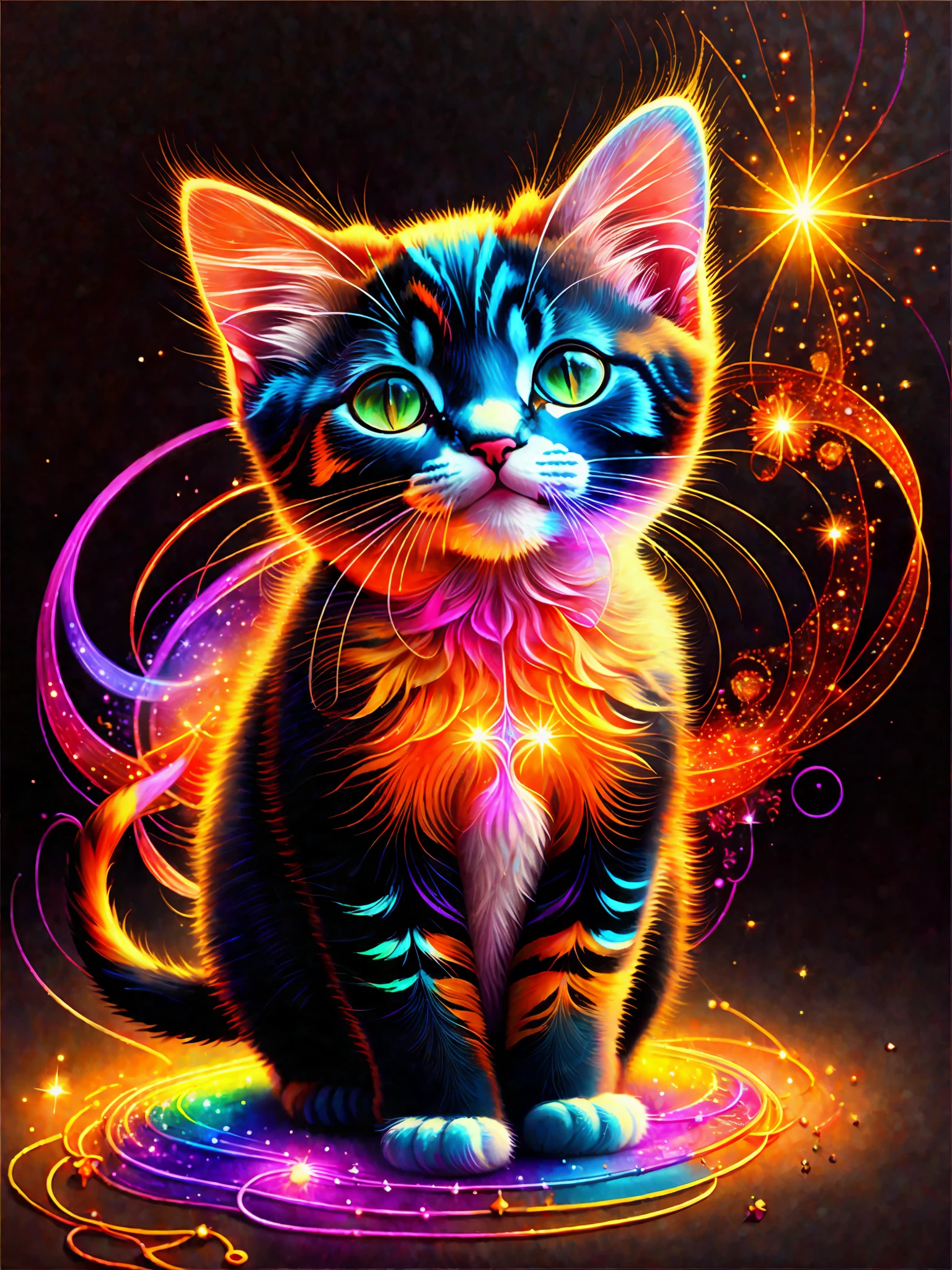 a painting of a colorful kitten on a black background,, breathtaking rendering, within a radiant connection, inspired by Kinuko Y. Craft,, magical elements, kitten icon, wow, is beautiful, casting a multi colorful spell, bright flash, flash